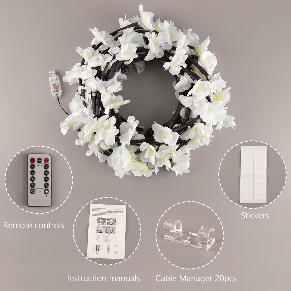 White Cherry Blossom Lights For Wall 3.94 Ft 48Leds Tree Branch Lights With Remote And 8 Lighting Modes Cherry Blossom Garland Vine Light For Bedroom Indoor Wall Wedding Christmas Decor
