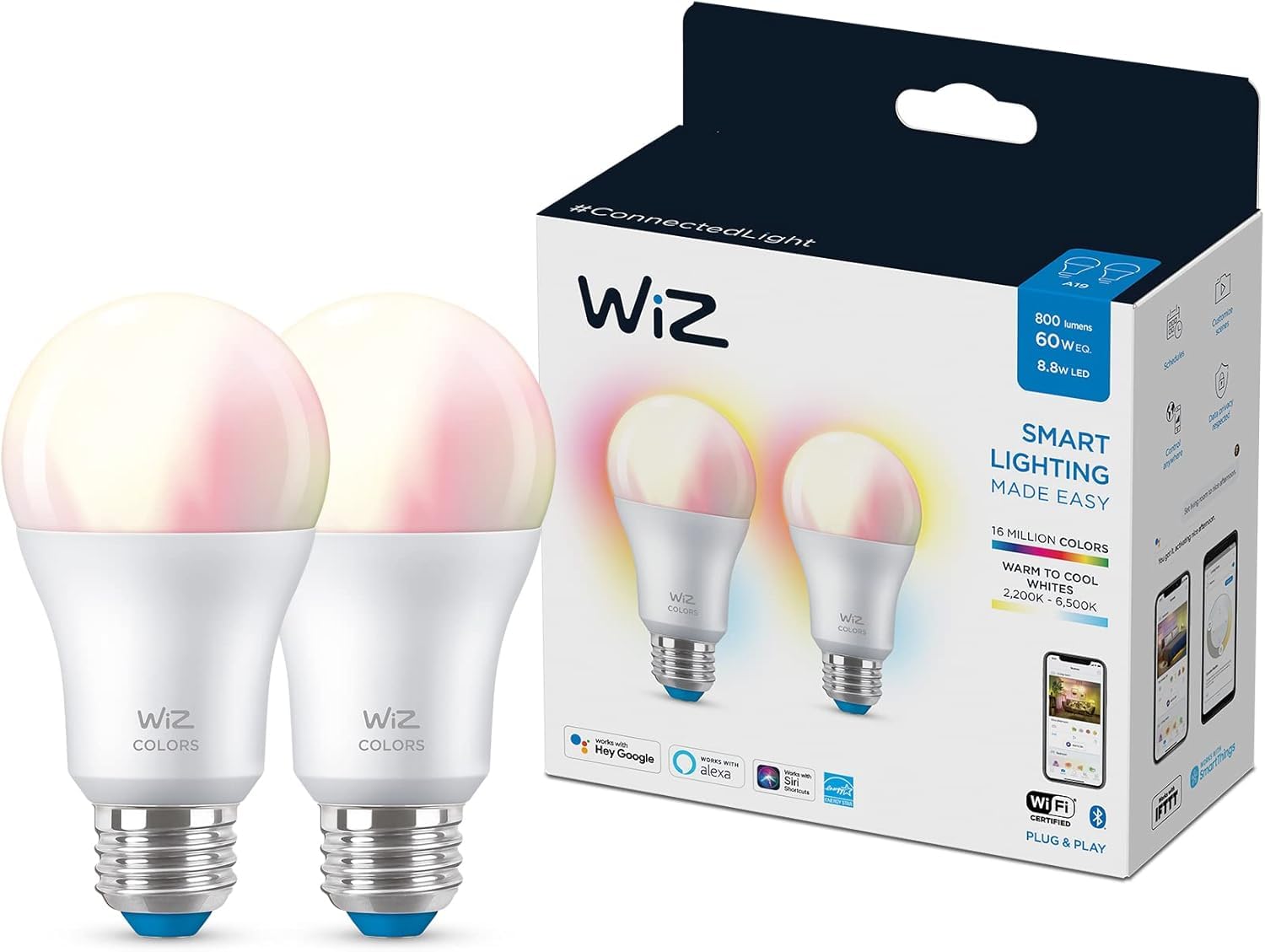 Wiz Connected 2-Pack Color 60W A19 Smart Wifi Light Bulb, 16 Million Colors, Compatible With Alexa And Google Home Assistant, No