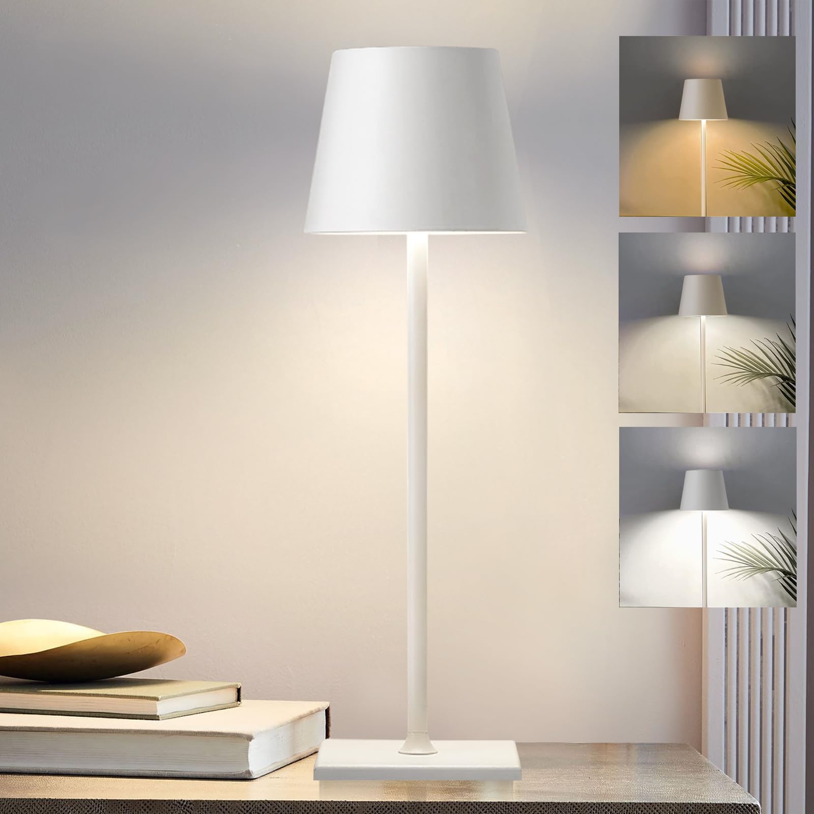 Nerefou Cordless Table Lamp,5200mAh Battery Operated Lamp,IP54 Outdoor Table Lamp Waterproof,3 Color Stepless Dimming for Restau
