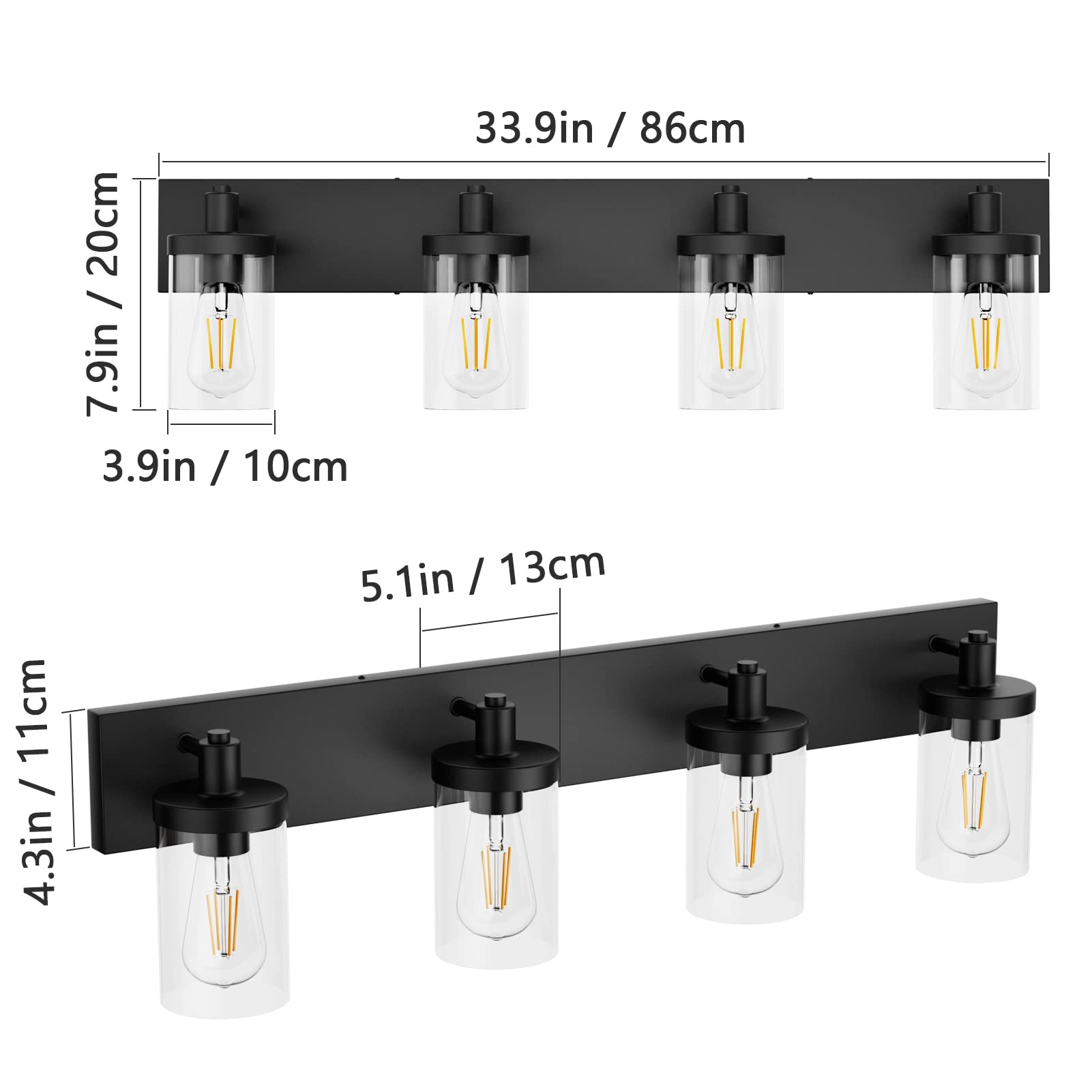 Aipsun Bathroom Vanity Light Farmhouse 4 Light Matte Black Vanity Lighting Fixtures With Clear Glass Shade(Exclude Bulb)