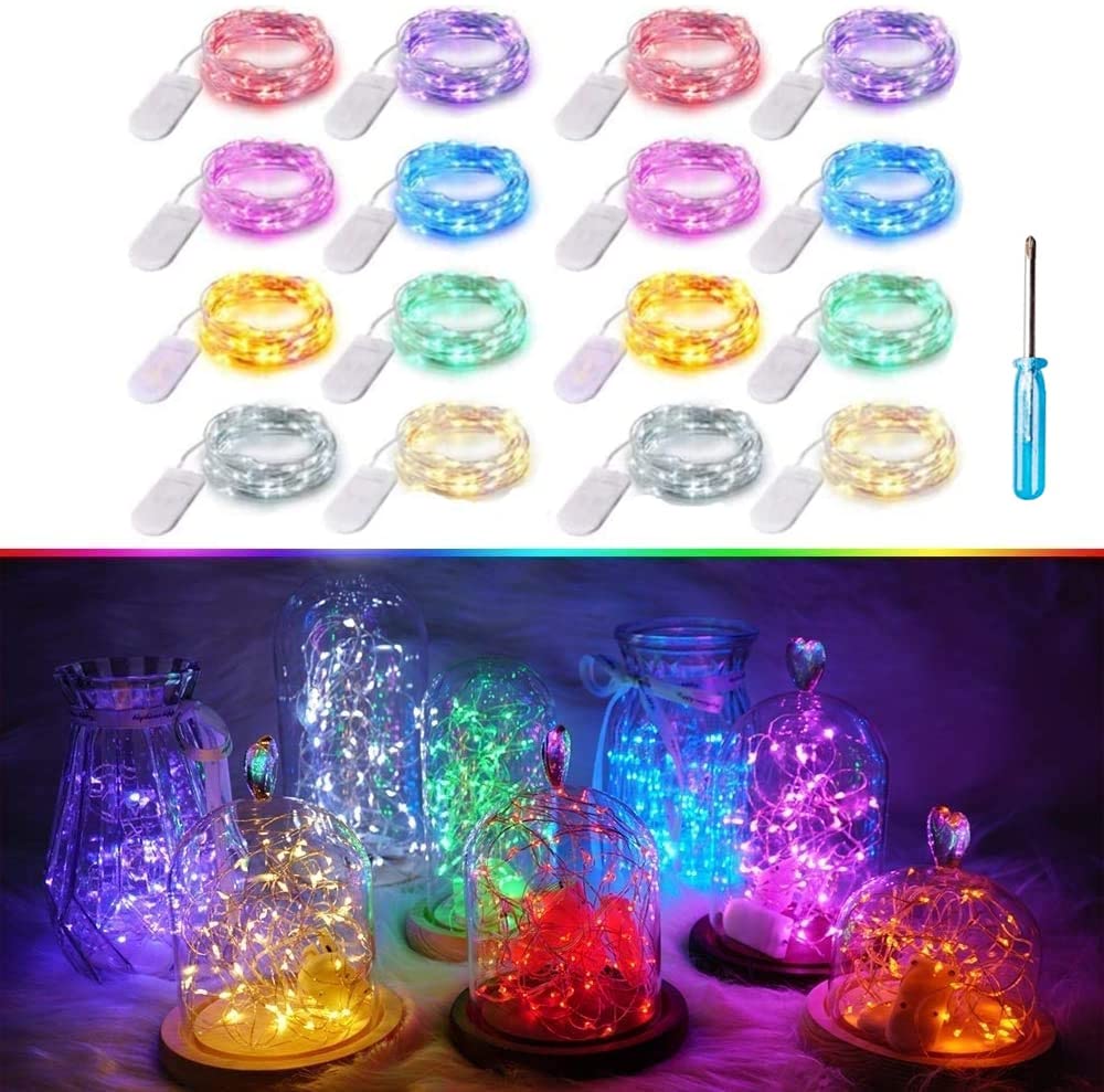 SunKite 8 Colors LED Fairy String Lights Battery Operated 16 Pack 20 LED 6.6 Ft Silver Copper Wire Firefly Starry Moon Lights Waterproof for DIY Bottle Jars Wedding Gifts Christmas Party Decor