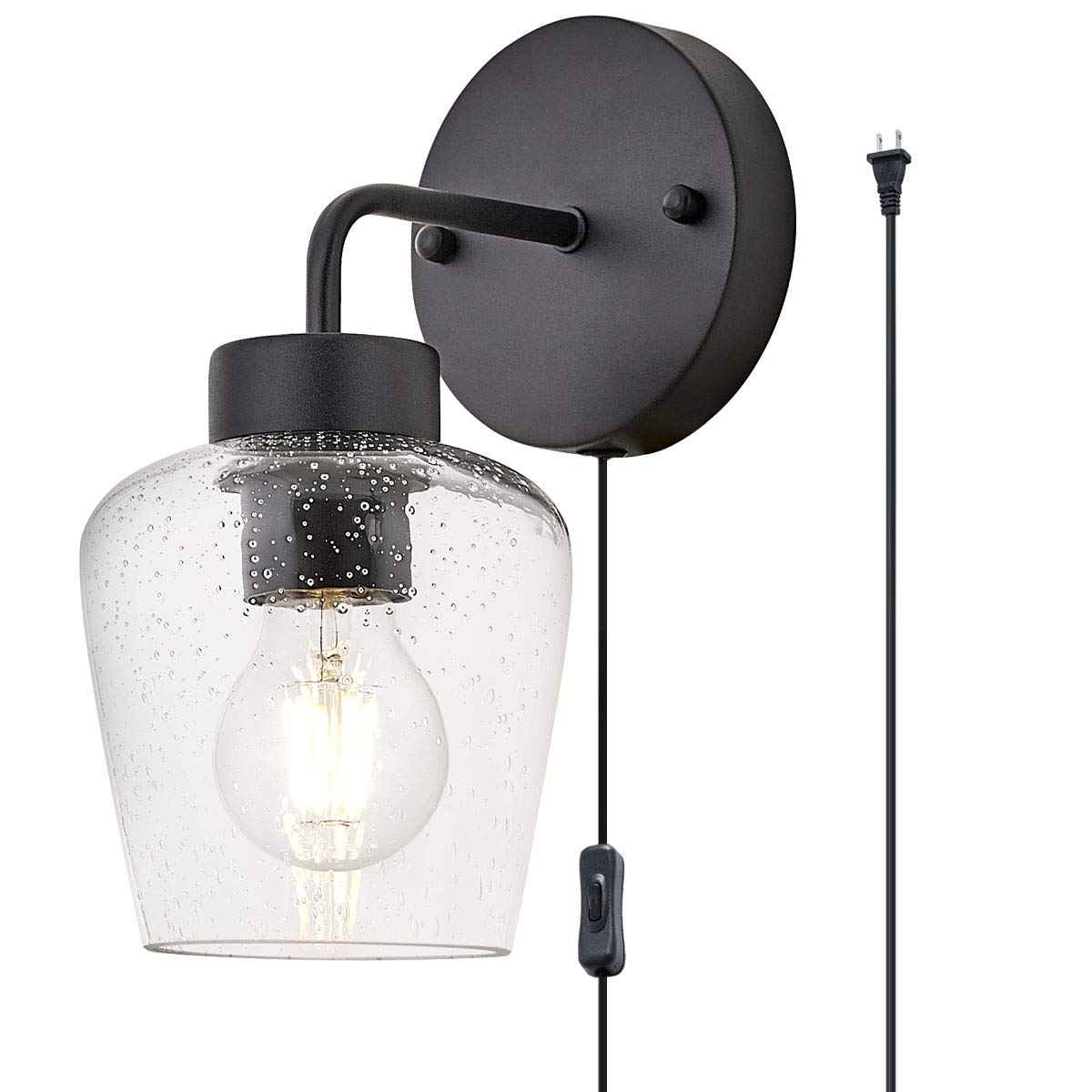 TeHenoo Plug in Wall Lamp with Seeded Glass,Matte Black Finish,Classic Wall Sconce with On/Off Switch Cord for Living Room,Bedro