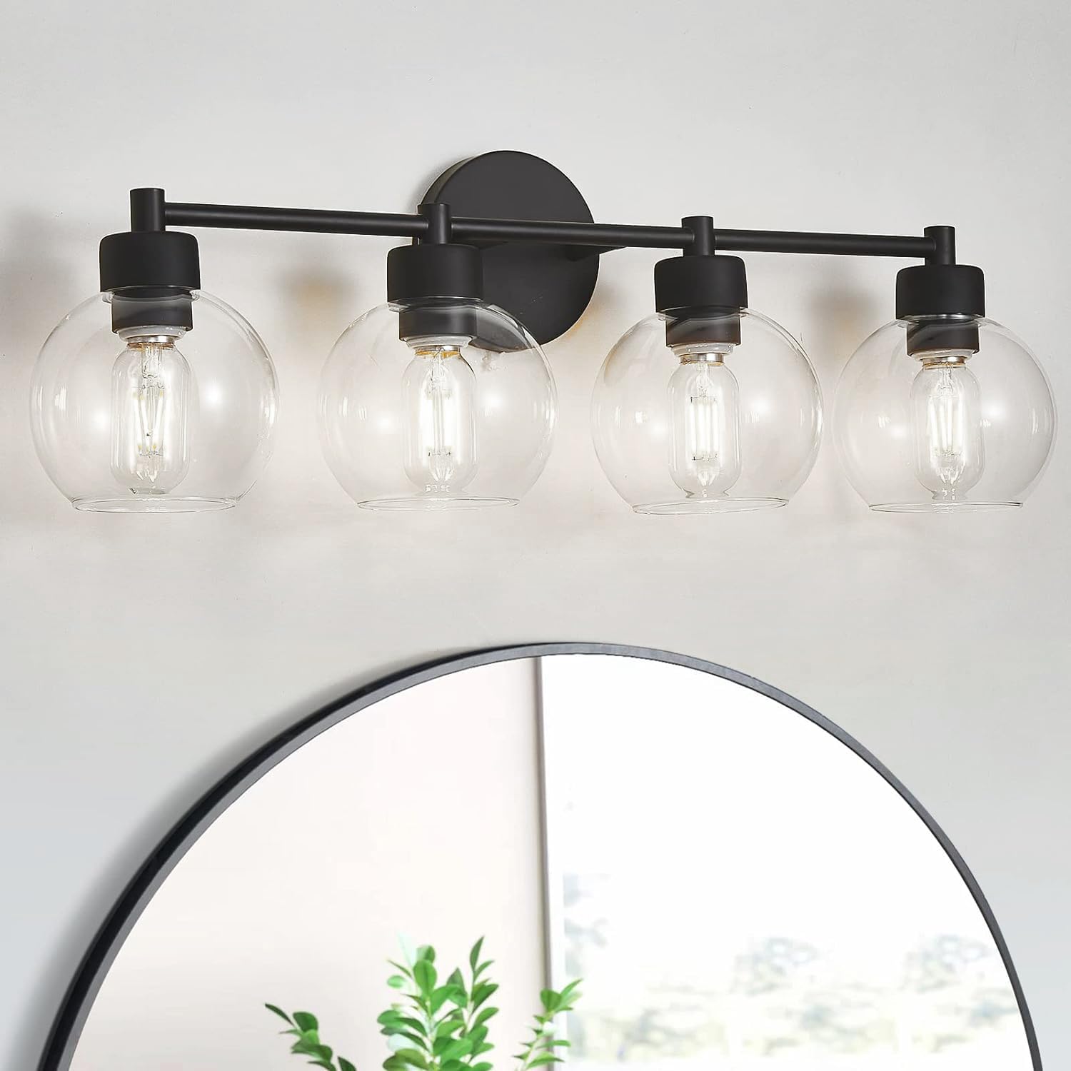 Diniluse Bathroom Light Fixtures 4 Lights Vanity Light With Black Round Finish, Bathroom Vanity Lights With Clear Globe Glass, Matted Black Wall Sconce For Mirror, Bedroom, Living Room, Kitchen