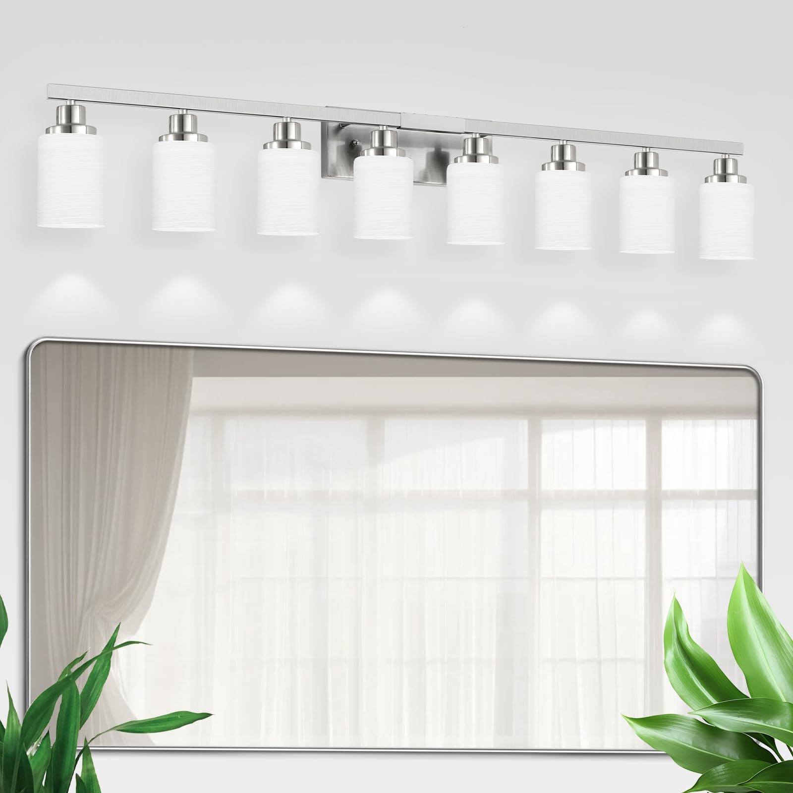 Dikaida 8-Light Bathroom Light Fixtures, 52Inch Nickel Vanity Light With Milky White Glass Shade, Modern Bathroom Wall Lights Ov