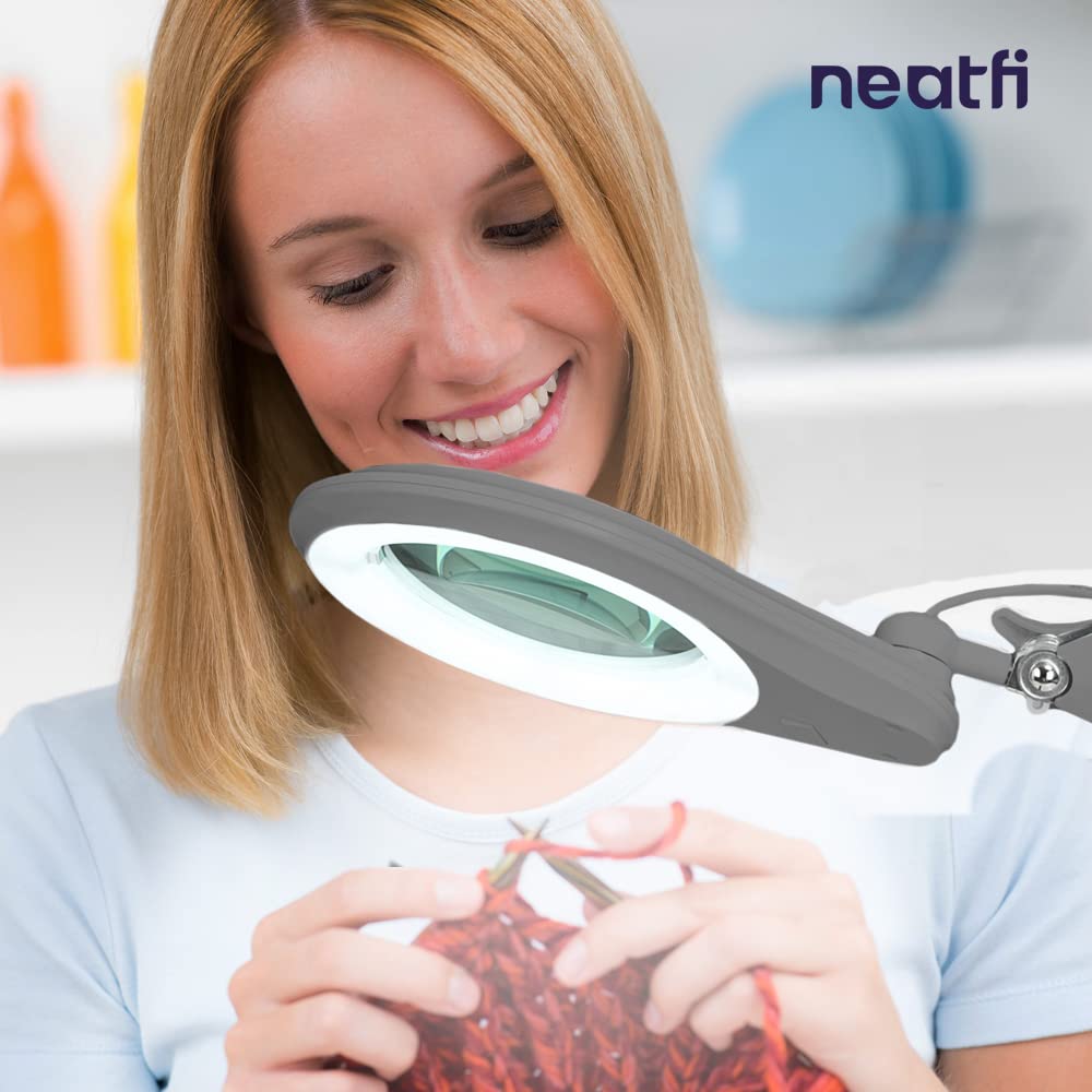 Neatfi Bifocals Magnifying Lamp, 1200 Lumens, Dimmable, 5in Lens, 5/20 Diopter, Silver, Model 9003LED