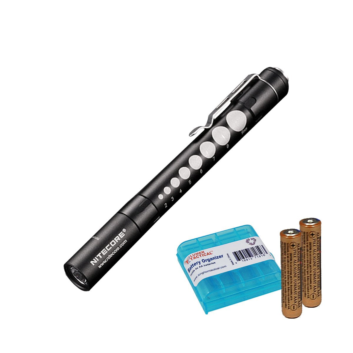 Nitecore MT06MD Penlight Flashlight, 180 Lumen, Aluminum, Black w/ Pupil Gauge, Includes 2X AAA Batteries, Tactical Battery Organizer