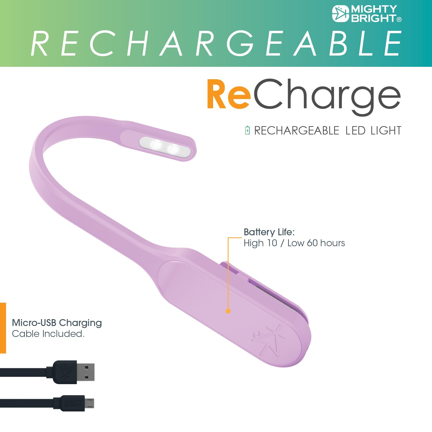 Mighty Bright The Original Recharge Clip On - Usb Rechargeable Book Light - Warm Led Reading Lamp - Flexible, Dimmable, Lasts Up