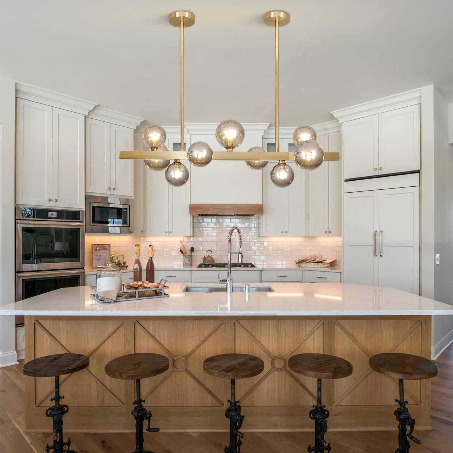 Bokt Mid Century Modern Linear Pendant Light 9-Lights Smoke Gray Glass Globe Chandelier Light Fixture Brass Linear Chandelier Brushed Gold Kitchen Island Pendant Lighting