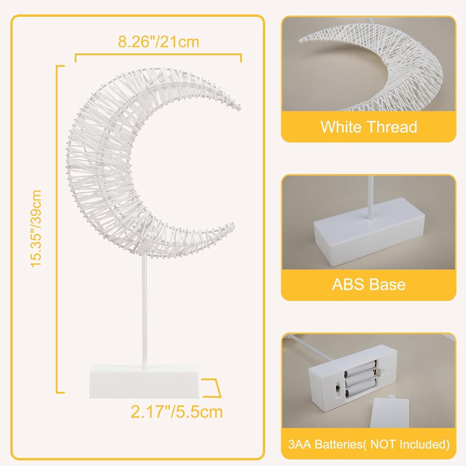 Lewondr Decorative Table Lamp, Moon Shape Ramadan Desk Lamp Battery Powered Light, Winding Thread Warm Led Crescent Light Christ