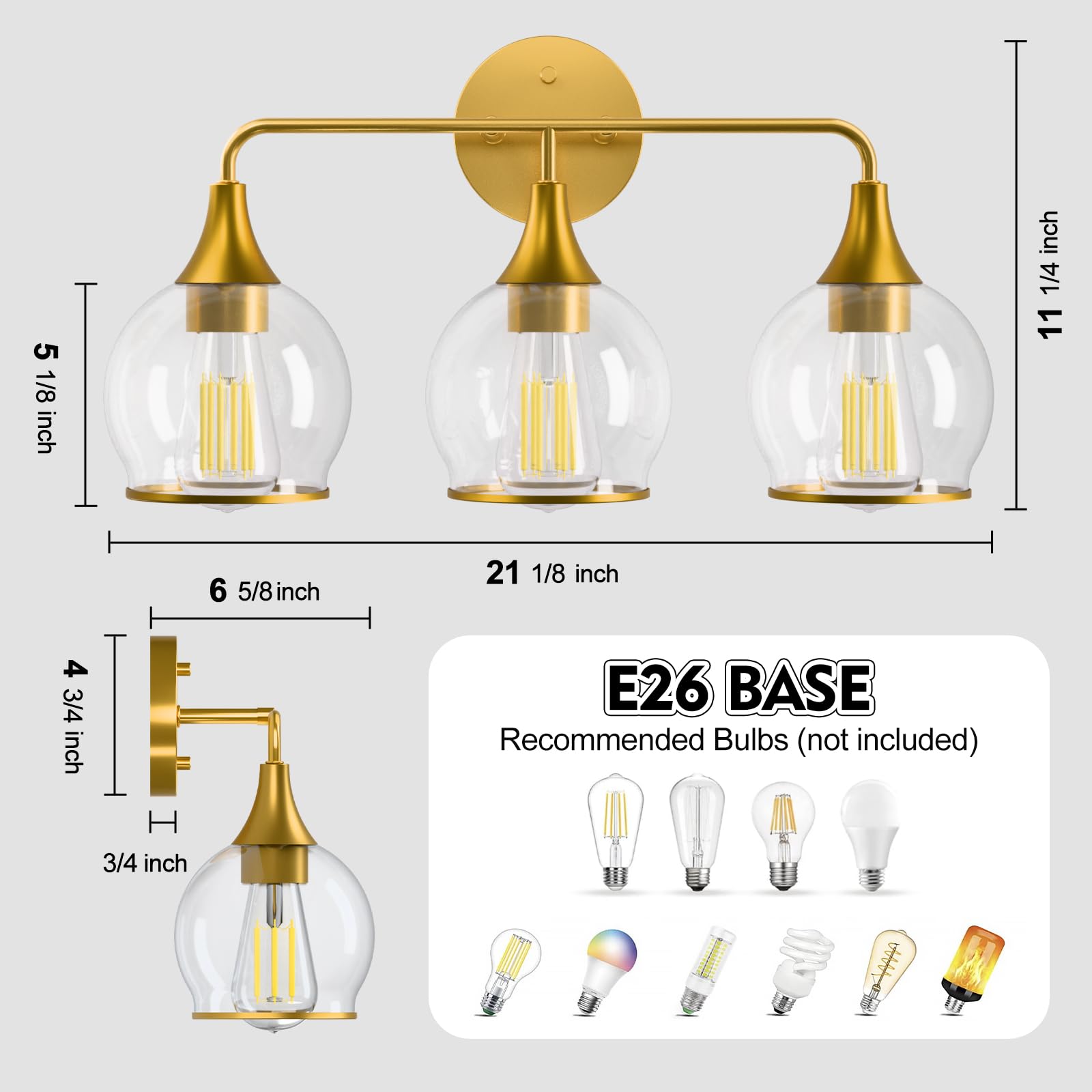 Lightania Bathroom Light Fixtures, 3-Light Vanity Lights with Clear Globe Glass Shade, Modern Gold Bathroom Vanity Light, Bathro