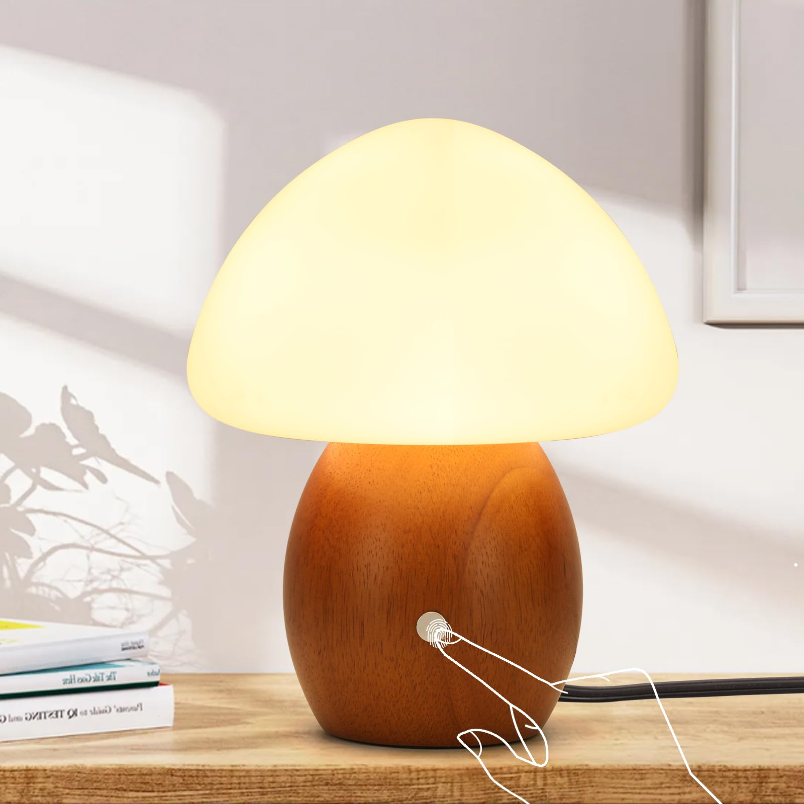 BNYFDC Mushroom Lamp with Touch Control Switch, Small Wooden Table Lamp with Glass Shade, 3 Way Dimmable Nightstand Lamp for Bed