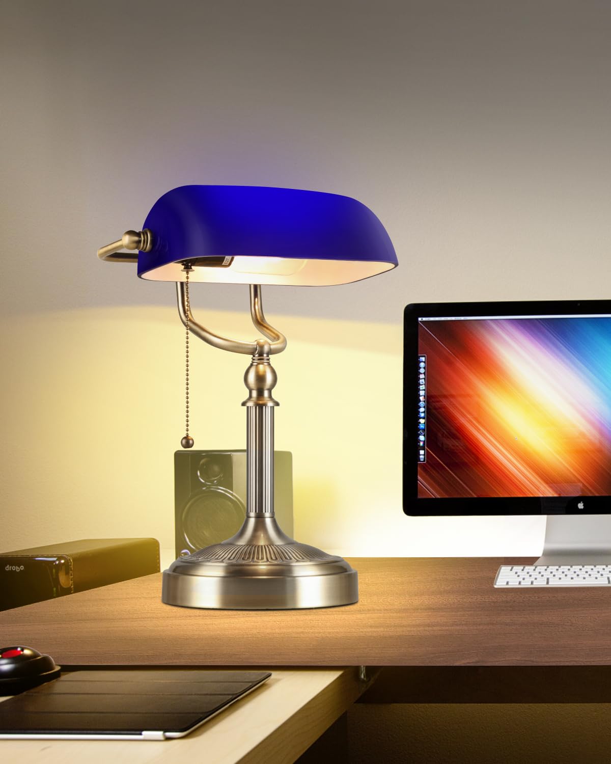 Newrays Blue Glass Bankers Desk Lamp with Pull Chain Switch - Classic Plug-in Fixture for Home Office & Library