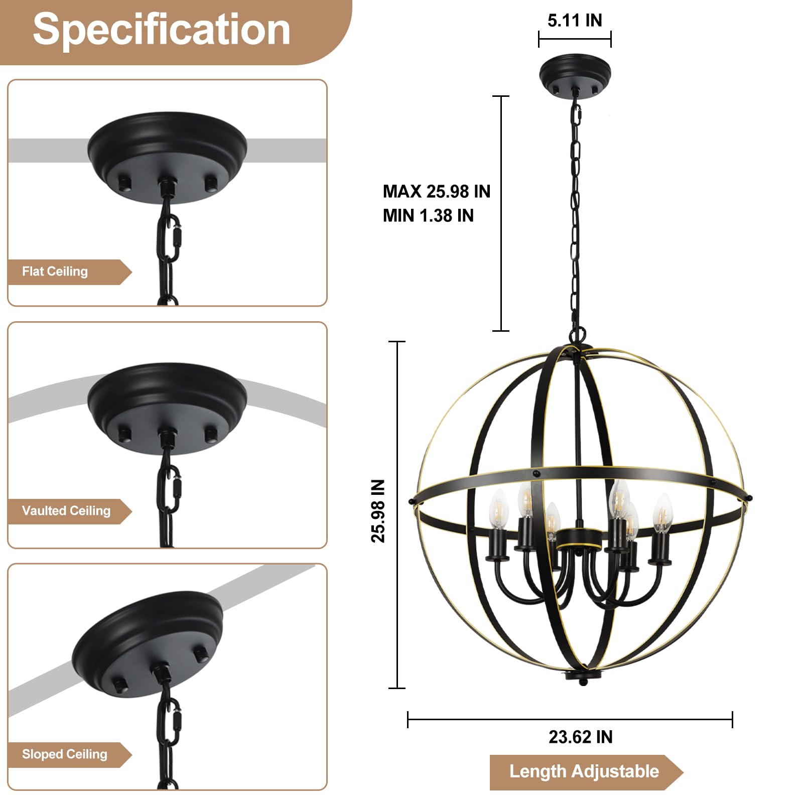 DINGLILIGHTING 6-Light Orb Chandelier, Metal, Adjustable, Black and Gold, Model WS-FND5-40B-G