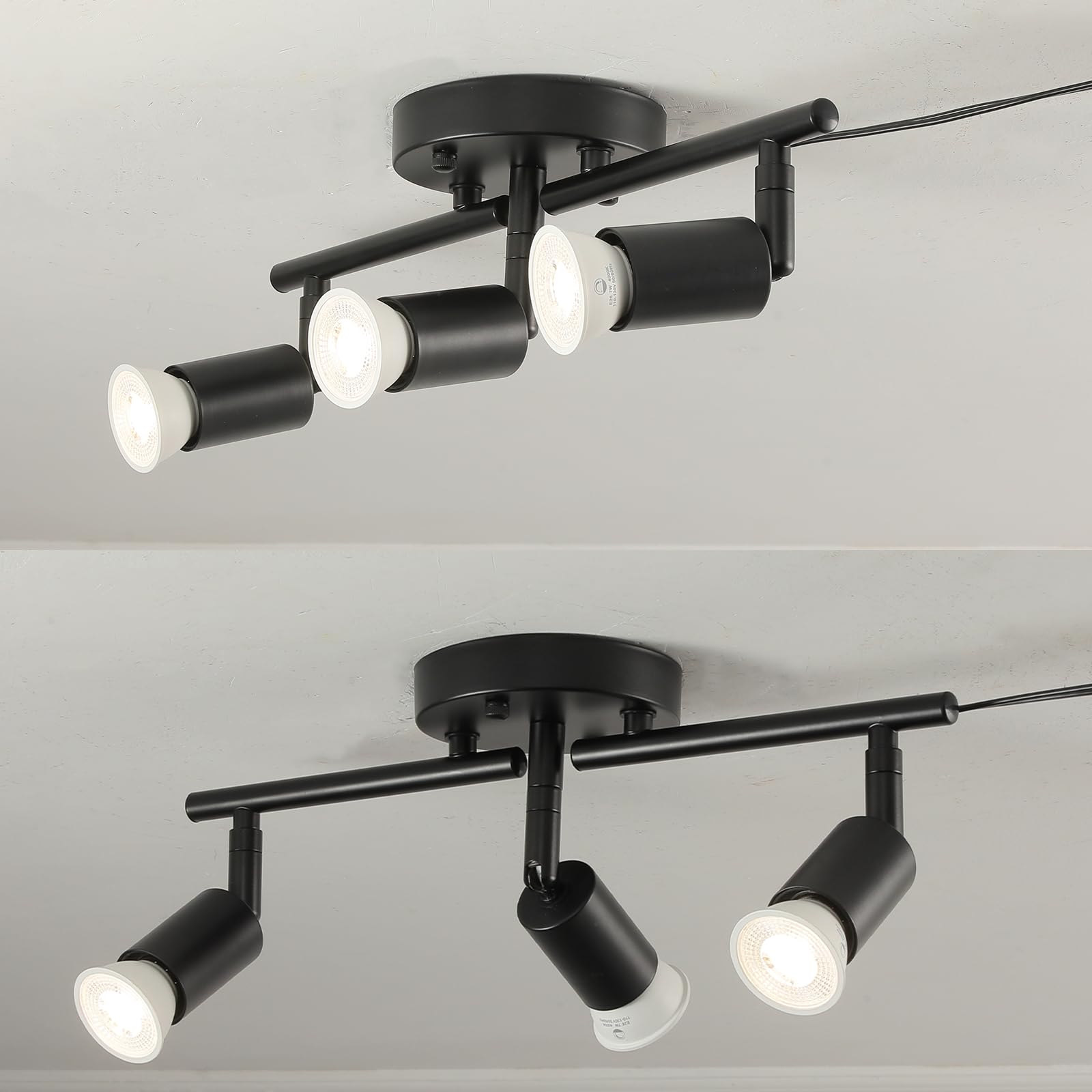 Vivihobb Dimmable Plug In Track Light Black 3 Light Plug In Ceiling Lighting Fixture With 16.4 Long Cord 4 Way Ceiling Spotlight Rotatable Wall Mount Light Head Led Dimmable Spot Bulbs Included