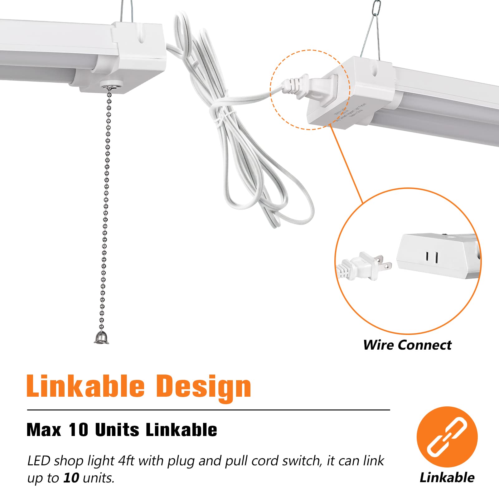 Oooled 4Ft Linkable 42W 4800Lm 5000K Led Ceiling Lights For Garages, Pull Chain On/Off, Linear Work Light Fixture With Plug, 2 P