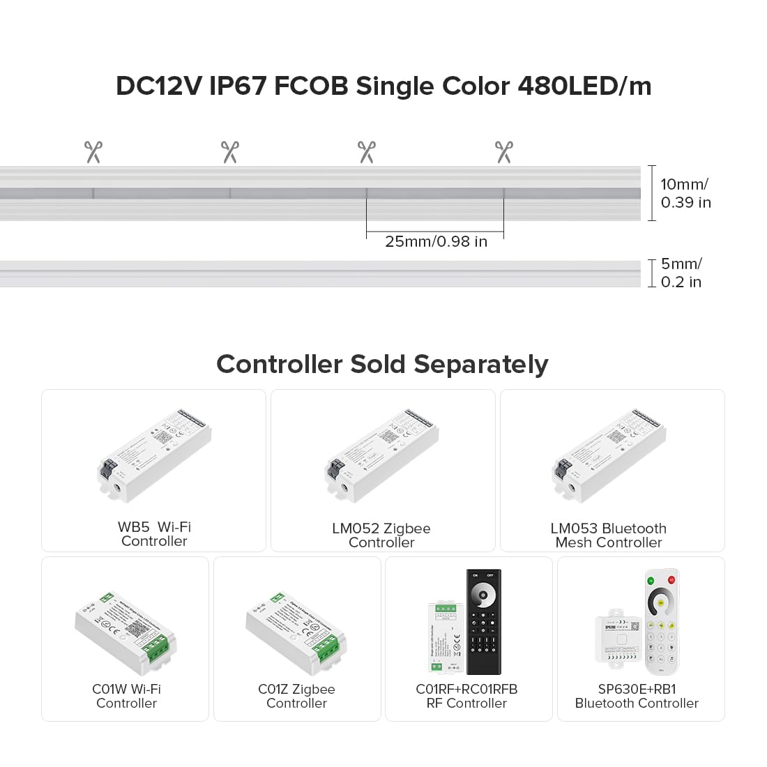 Btf-Lighting Fcob Cob Led Strip Ip67 Waterproof Flexible High Density Uniform Diffused Neon Light 16.4Ft Dc12V Natural White 400
