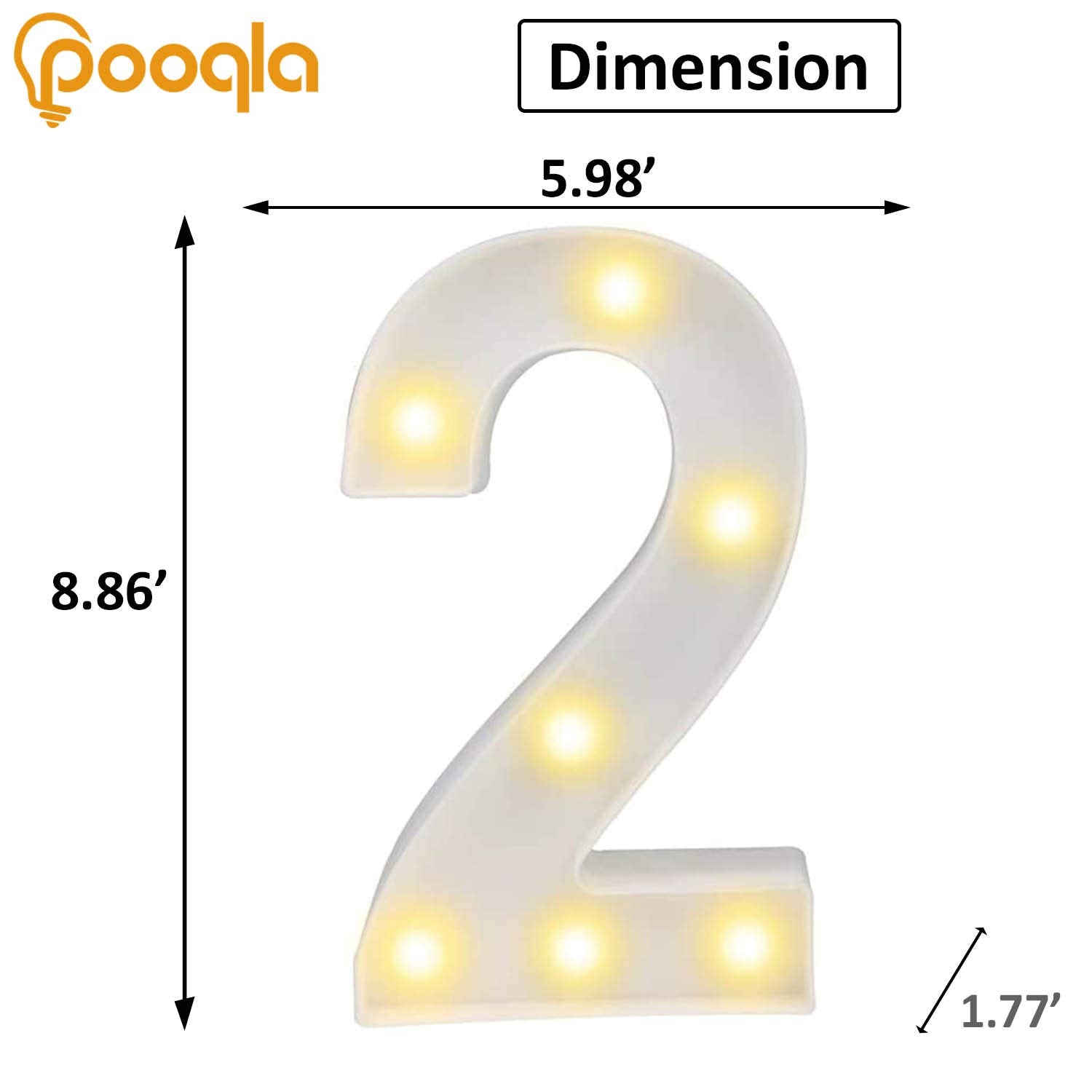 Pooqla Decorative LED Light Up Number Sign, Battery Operated, Warm White, Model JH-NB-02, Marquee Number 2