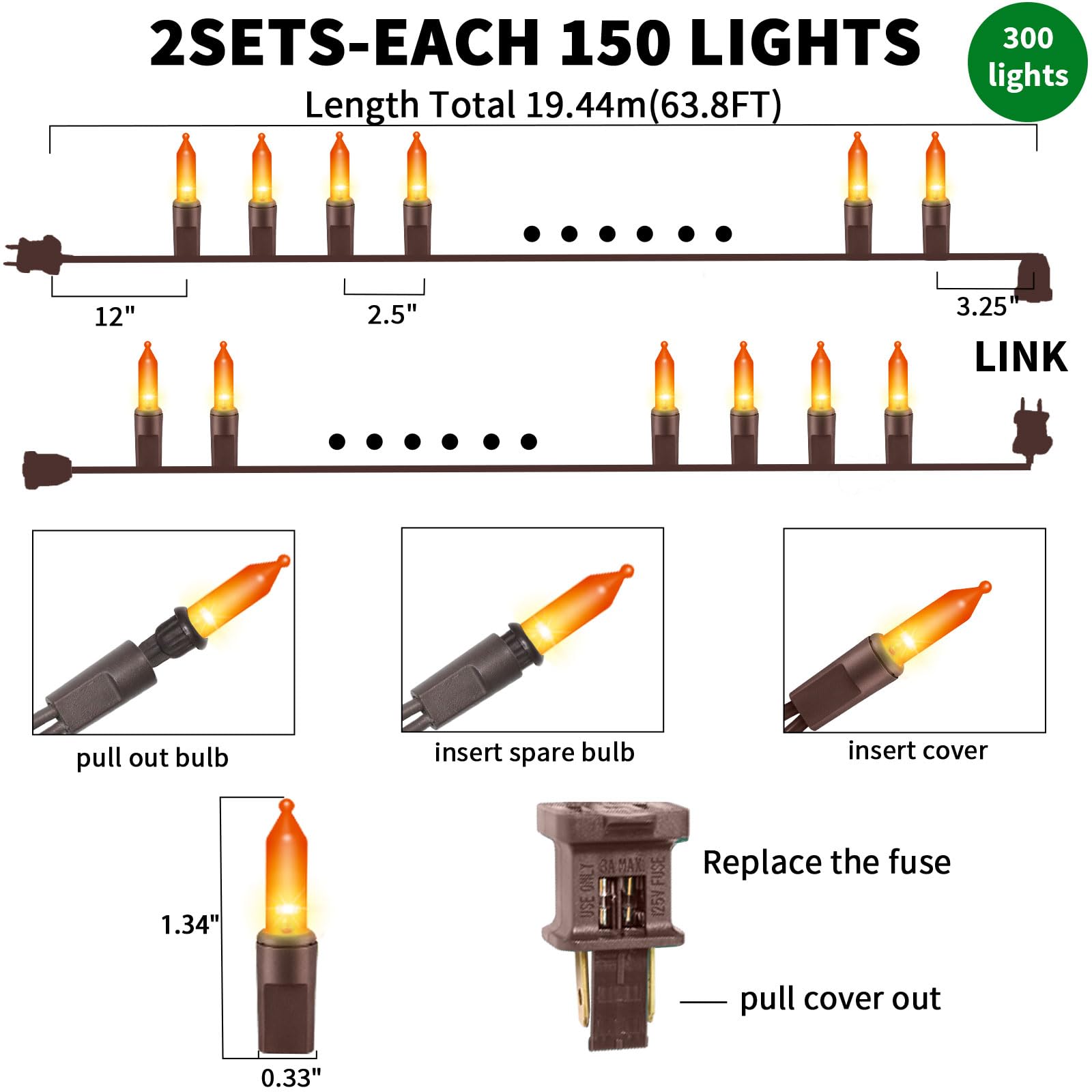 Twinglehome Ultra-Bright Connects End To End Orange Christmas Mini Lights 300L 63.8Ft(2Sets-Each 150L)Ul Listed Incandescent Bulb String Light For Indoor Outdoor Halloween Home Garden Party Tree Decor