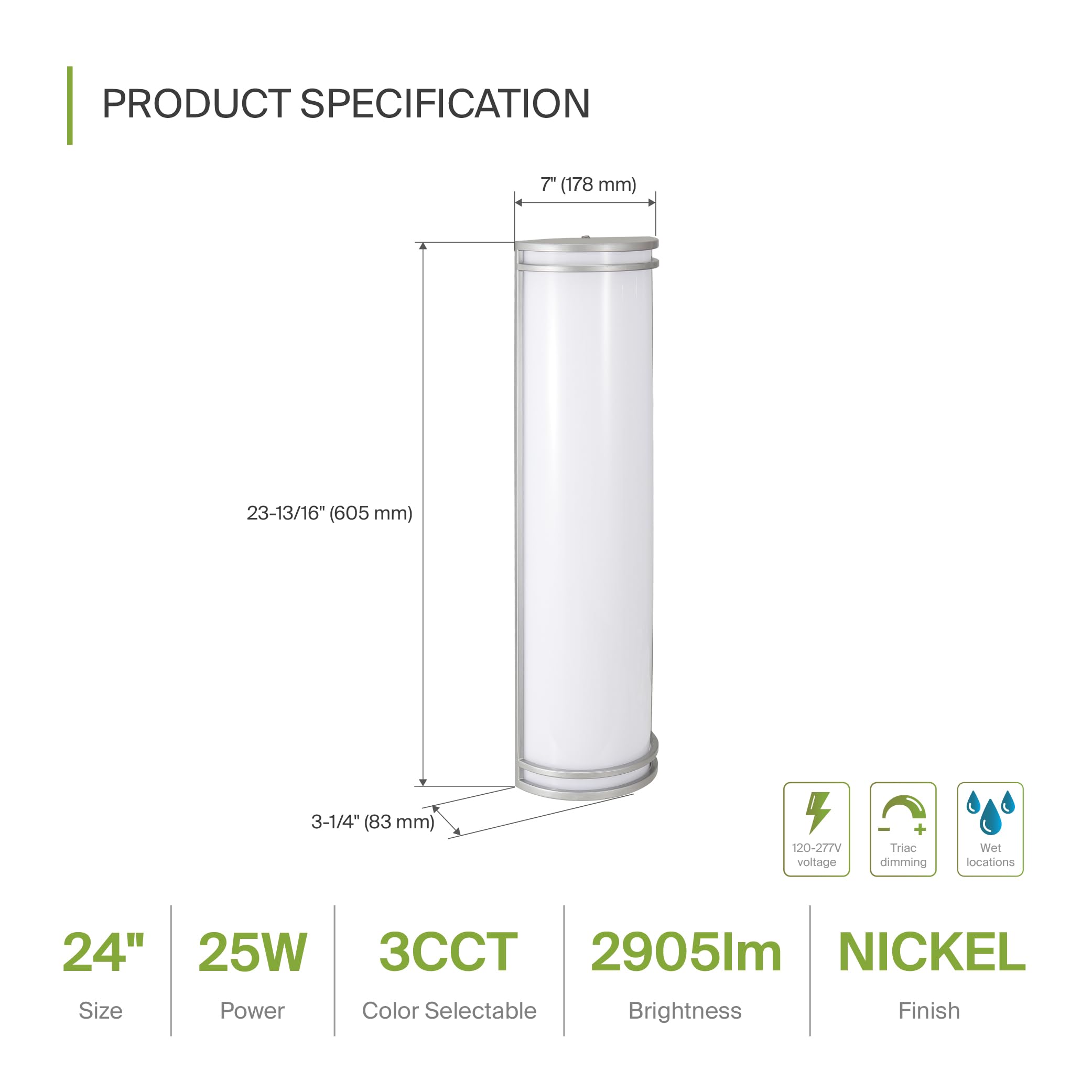 ASD 24 Inch LED Outdoor Wall Mount Light Fixture - Brushed Nickel - Dimmable - 25W 120-277V - 2 Pack - Model A-LWS21M24D