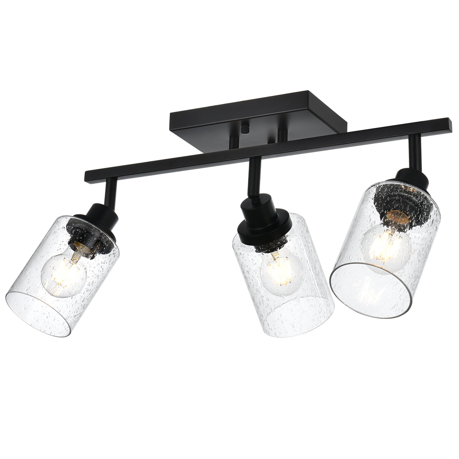 WINSHEN 3-Light Track Lighting Fixtures Ceiling Spot Light, Black Flush Mount Wall Bathroom Vanity Light with Seeded Glass Shade