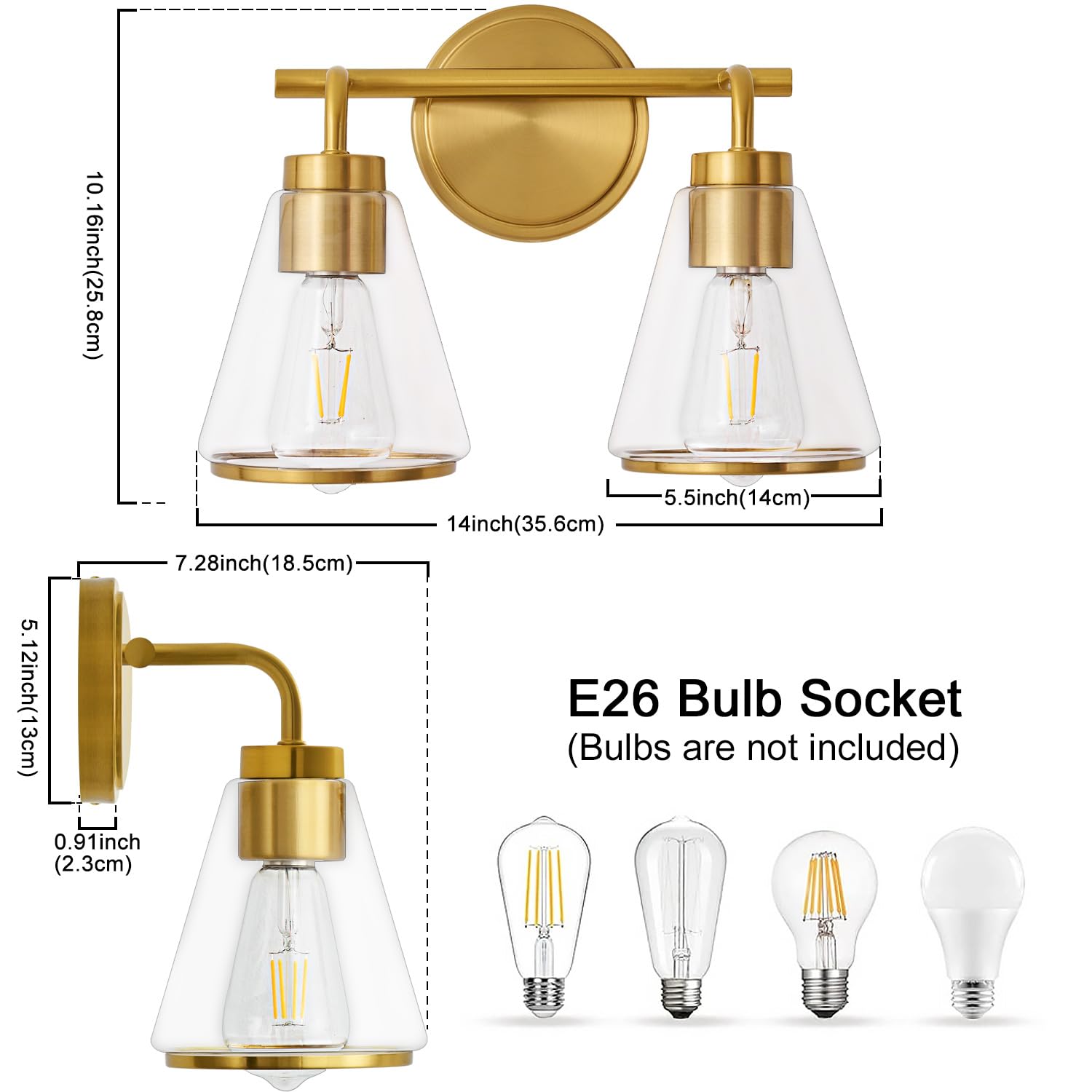 Nadosa Bathroom Light Fixtures Over Mirror Gold Vanity Light 2-Lights With Clear Glass Shade 14 Inch Modern Wall Sconces Bath Light