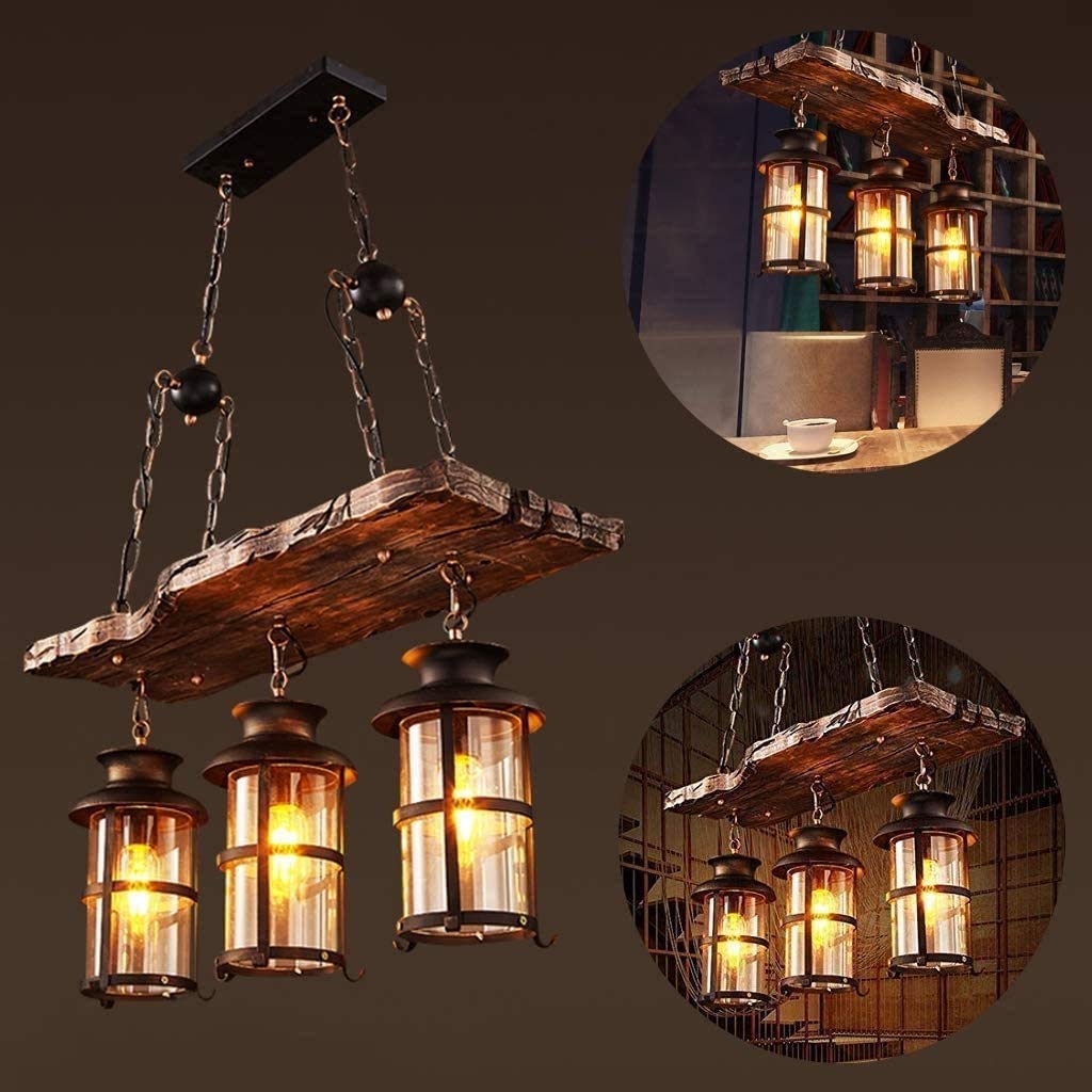 Wood Retro Pendant Lighting Industrial Vintage Chandelier Black Metal Bedroom Restaurant Suspension Lamp Cage Frame With Glass S
