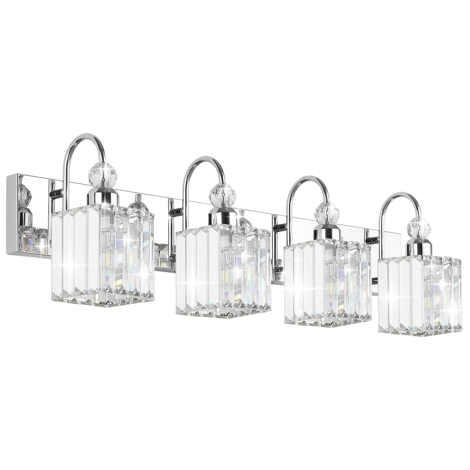 Ralbay Chrome Crystal Vanity Light For Bathroom 4-Lights 31.5'' Modern Bathroom Wall Lighting Modern Chrome Bathroom Vanity Ligh