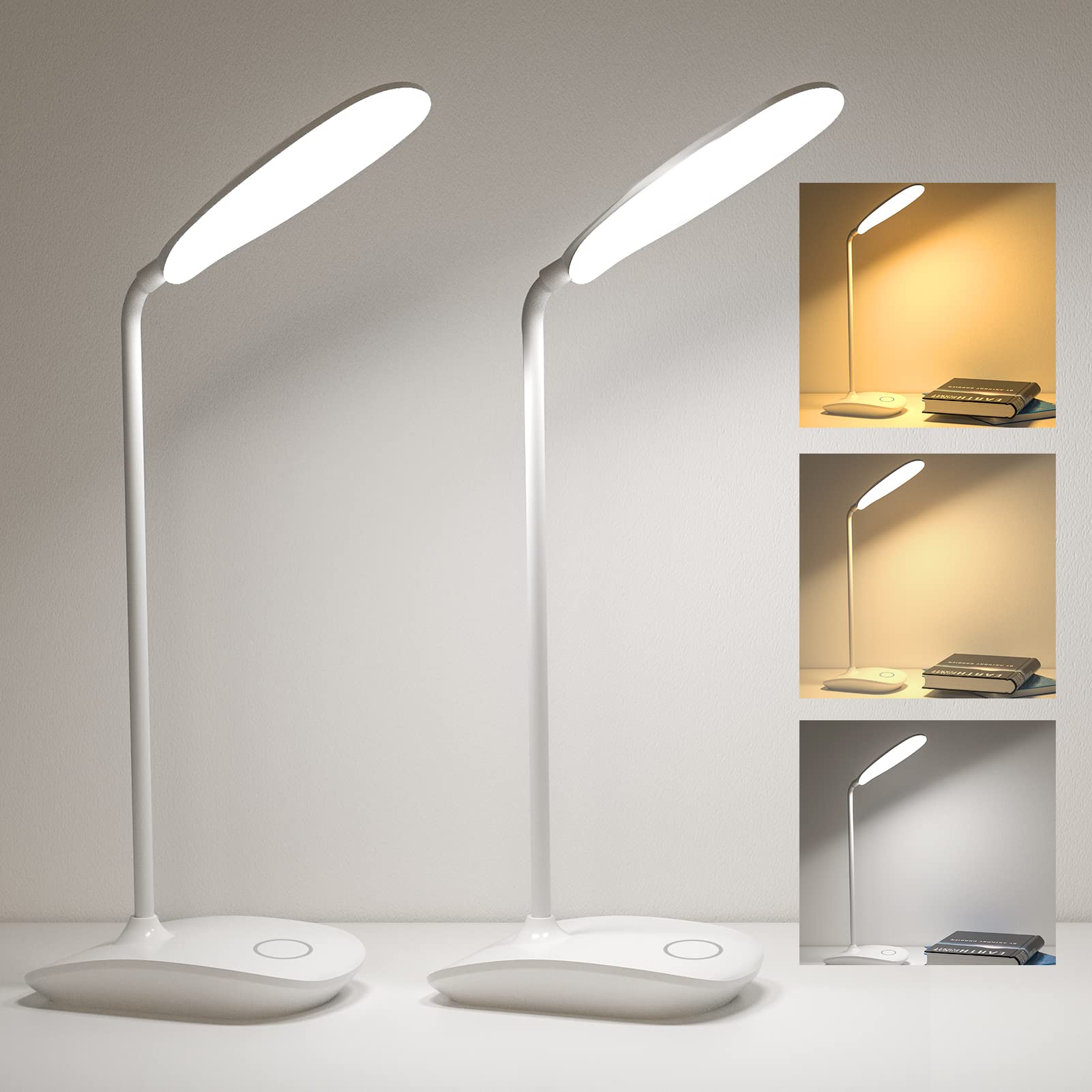 DEEPLITE LED Desk Lamp, 3 Lighting Modes, Touch Control, Portable, 2 Pack, White, Eye Caring, Flexible Gooseneck