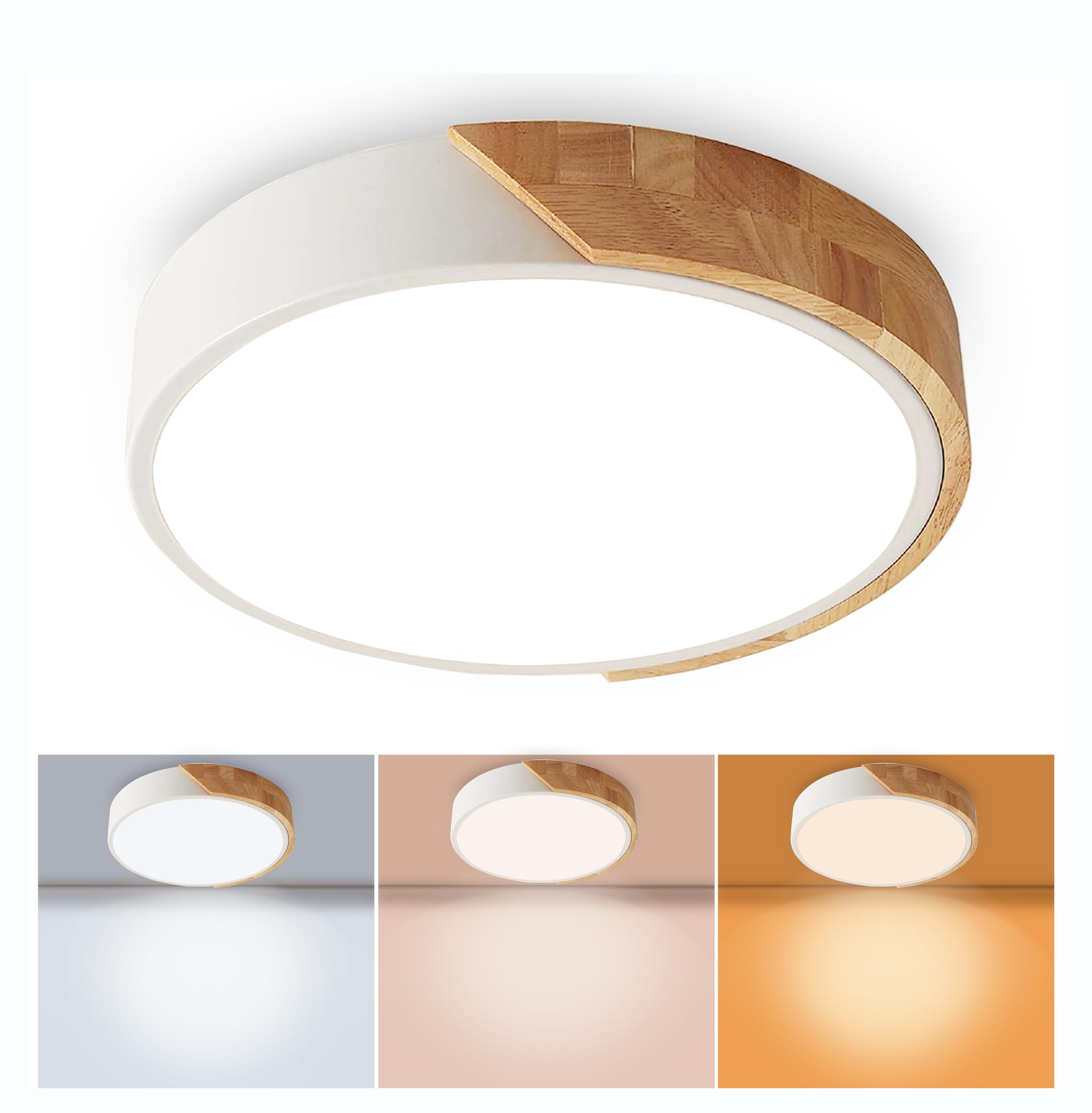 Wood Led Flush Mount Ceiling Light  3Cct 3000K-6500K Modern Round Close To Ceiling Lighting Fixtures 12 Inch Minimalist White Ceiling Lamp For Living Room  Bedroom  Laundry Room  Not Dimmable