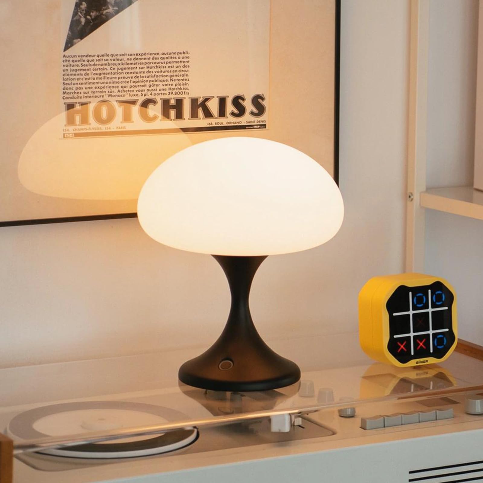 MAGCHARM Mushroom Lamp - 5W LED Cordless Rechargeable Table Lamp, Dimmable Touch Light, Glass Shade, Black, Model S447033-01