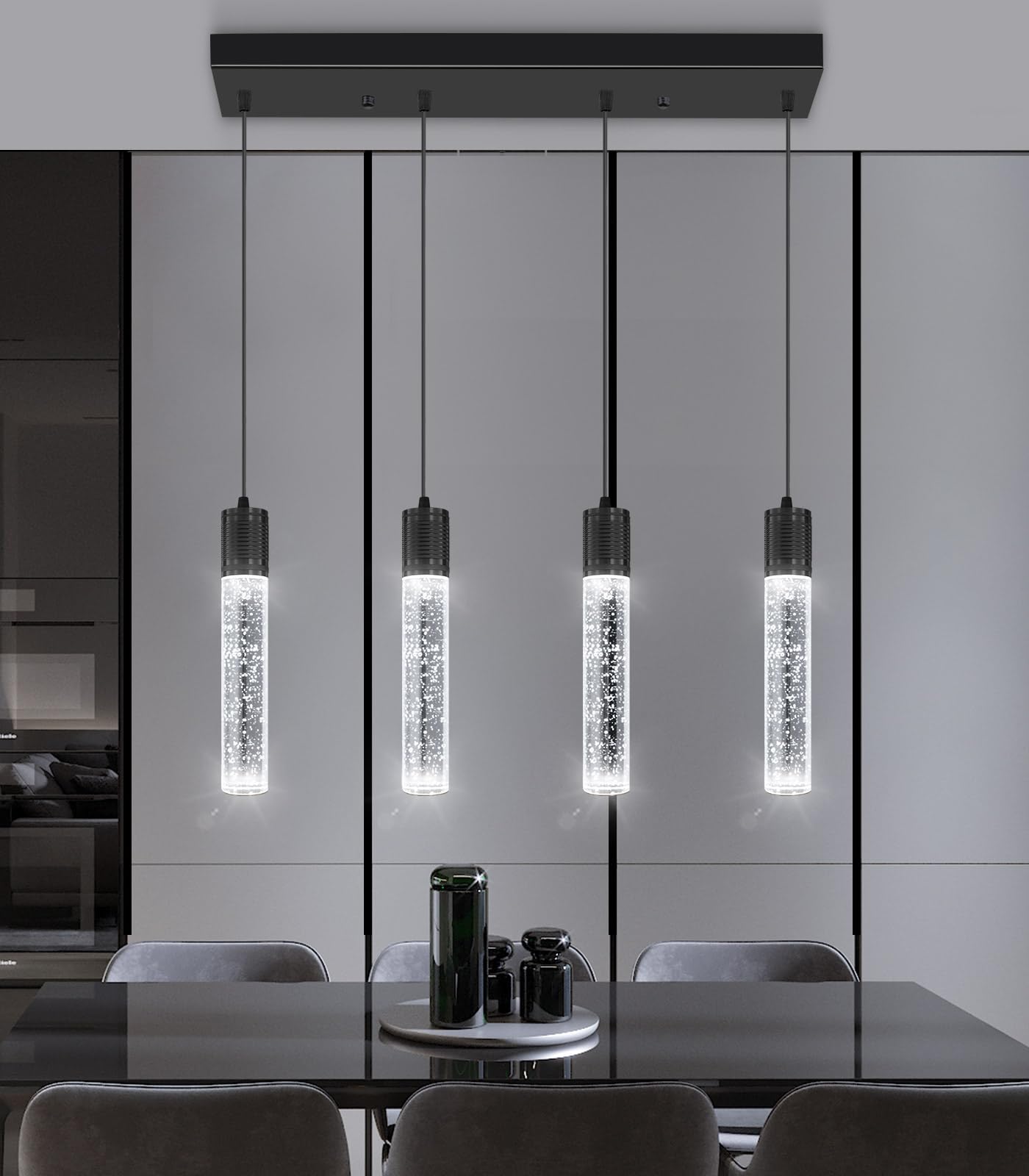dolria 4-Lights Mini Modern Crystal Chandelier, Black LED Ceiling Light for Kitchen, Dining Room & Bedroom, Model PC0019-4Tchang-B