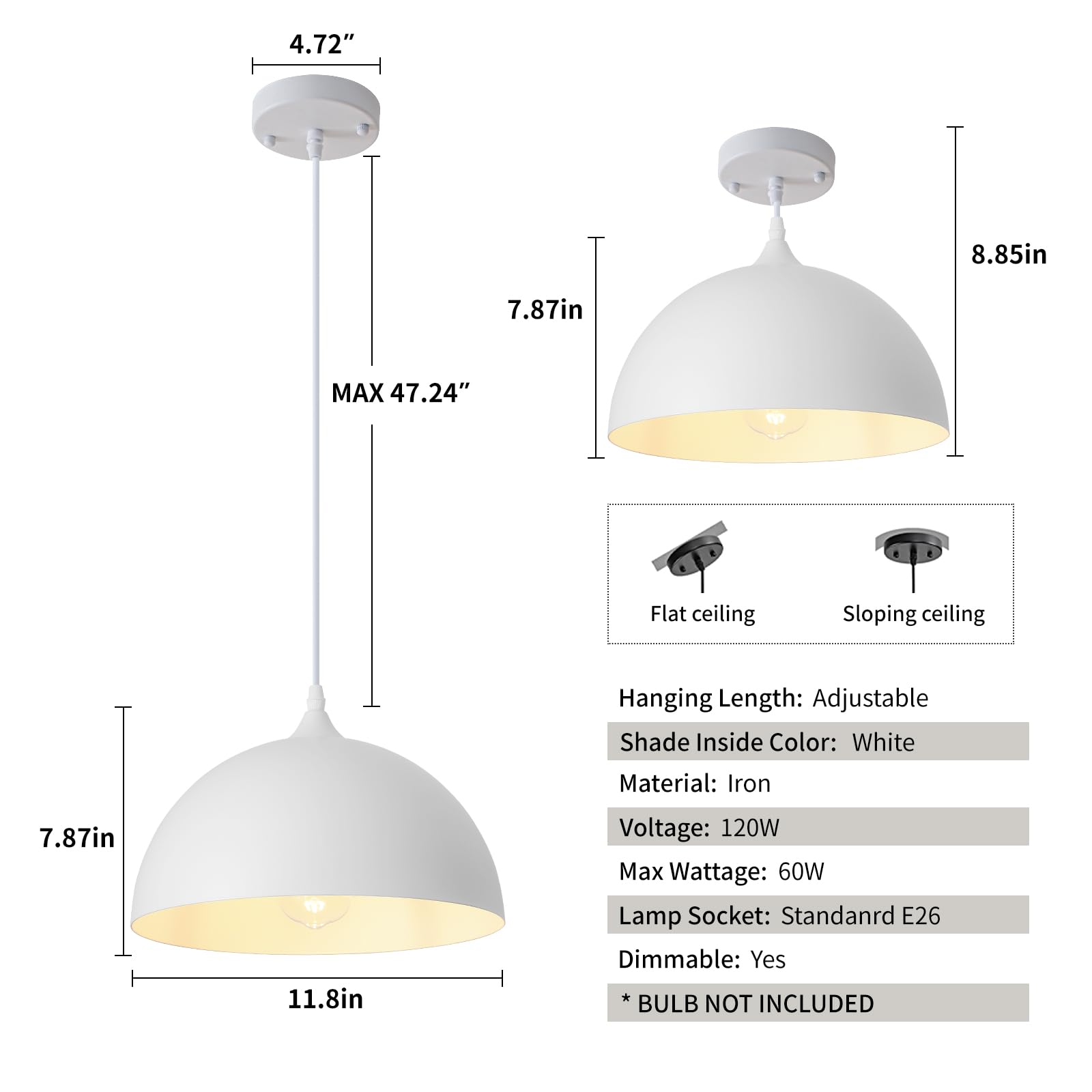 Sesiment White Farmhouse Pendant Light 11.8Inches 2 Packs, Kitchen Pendant Light, Pendant Lights Kitchen Island, Industrial Pendant Light, Pendant Light For Kitchen, Bedroom, Office