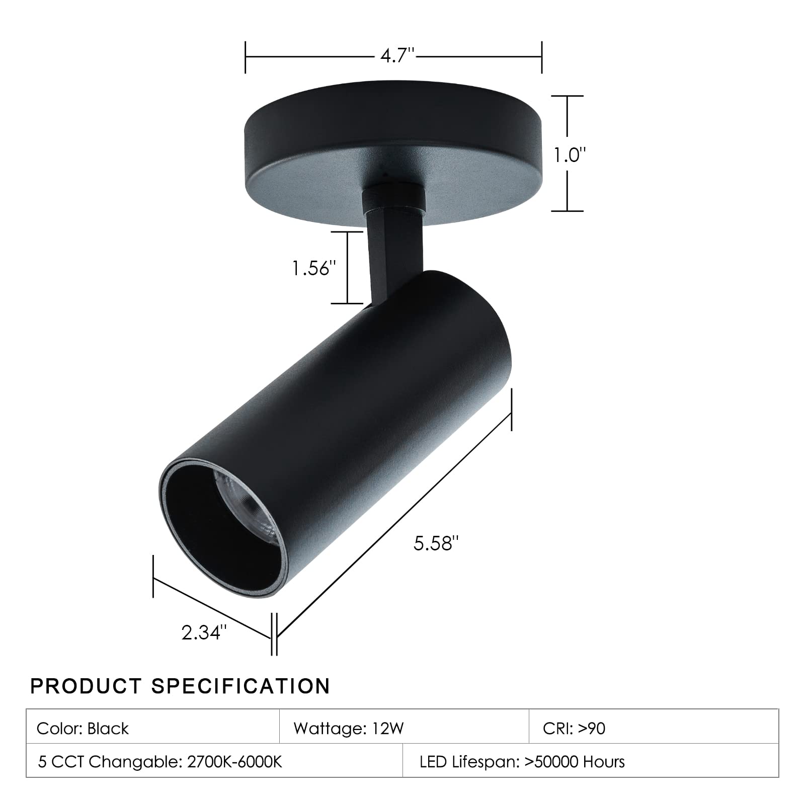 JARLSTAR LED Ceiling Spotlight 12W Dimmable 5CCT 2-Pack Adjustable Black Aluminum