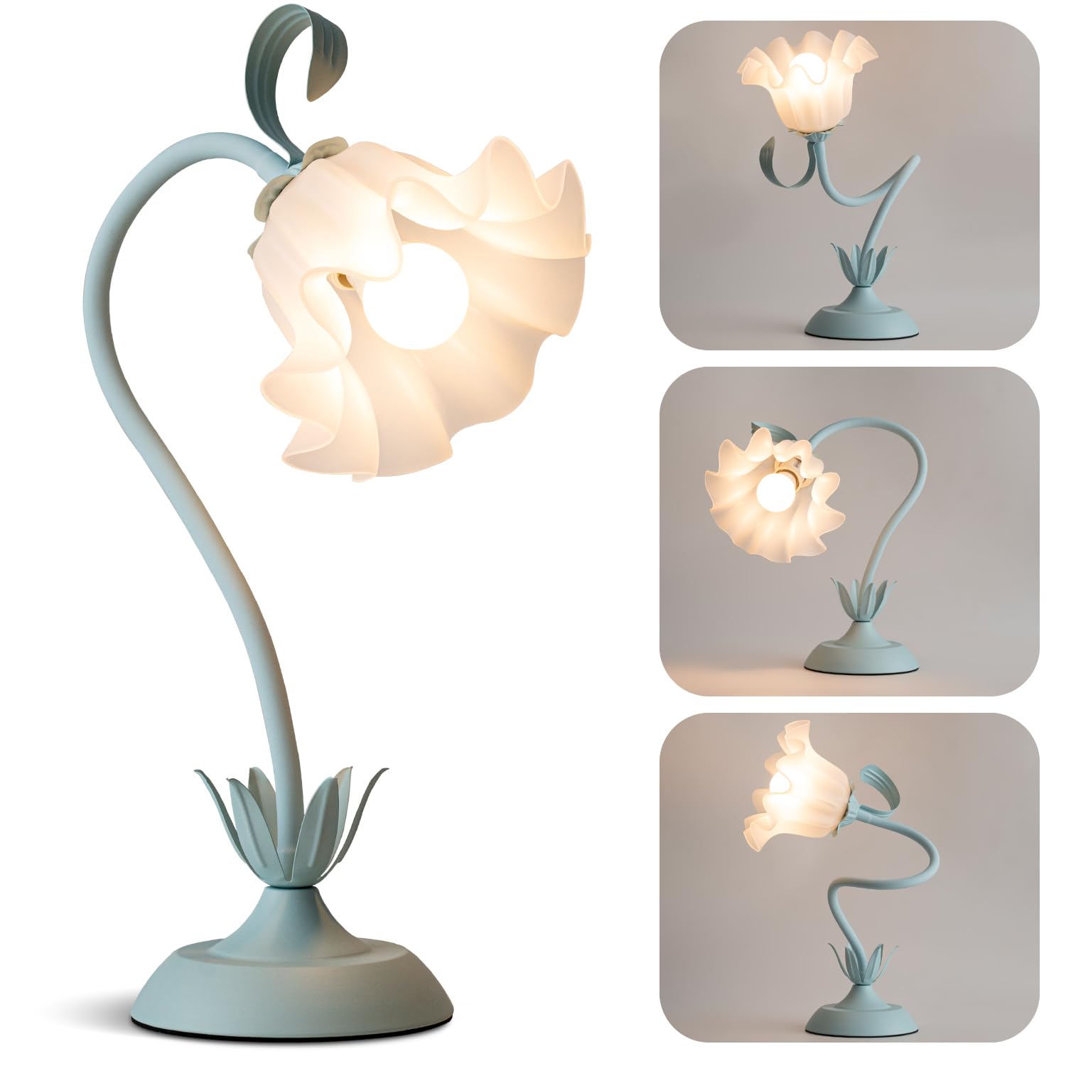 Werfop Flower Desk Lamp  Cute Vintage Reading Table Lamp For Bedroom  Small Bedside Nightstands Light With 3 Color Modes  Kawaii Decor For Dorm Living Room Office (Powder Blue)
