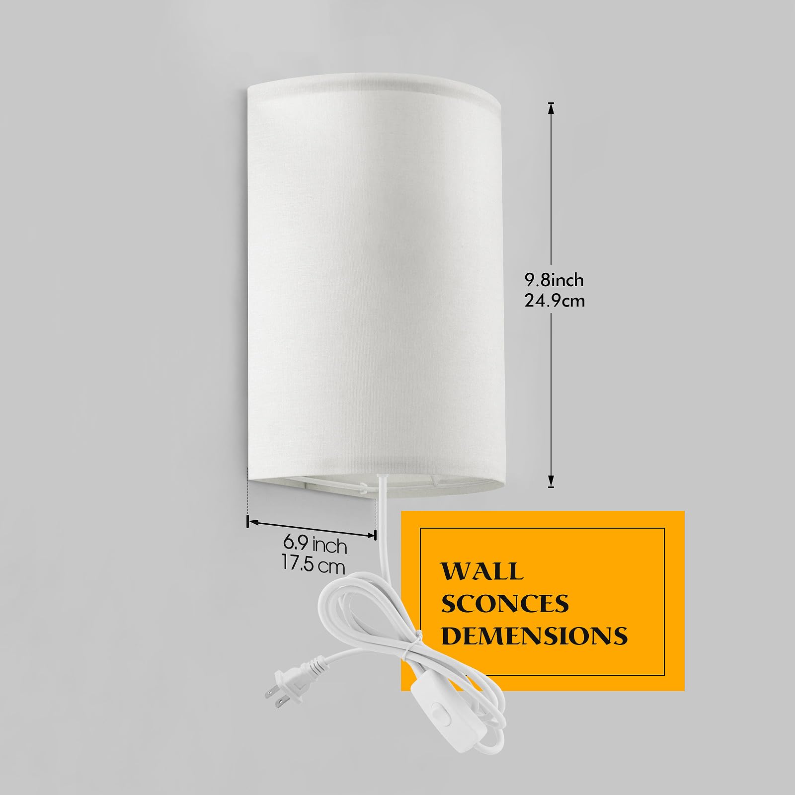 Beser·Win Wall Lamp, Industrial Plug-in Sconce, Fabric, On/Off Switch, Set of Two, White, Model: wall lamp-005