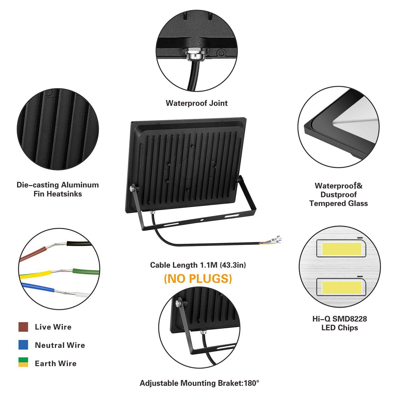 2 Pack 100W LED Flood Light, IP66 Waterproof, 8000lm, 550W Equivalent, Super Bright Outdoor Security Lights, 6000K Daylight Whit