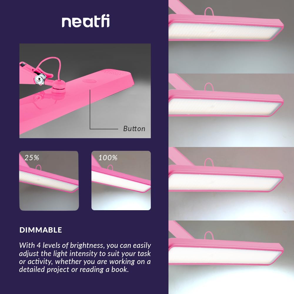 Neatfi LED Task Lamp 30W 2500 Lumens 22 Inch Pink Model 9505LED-30-C Eye-Caring Desk Light with Clamp for Home Office Study
