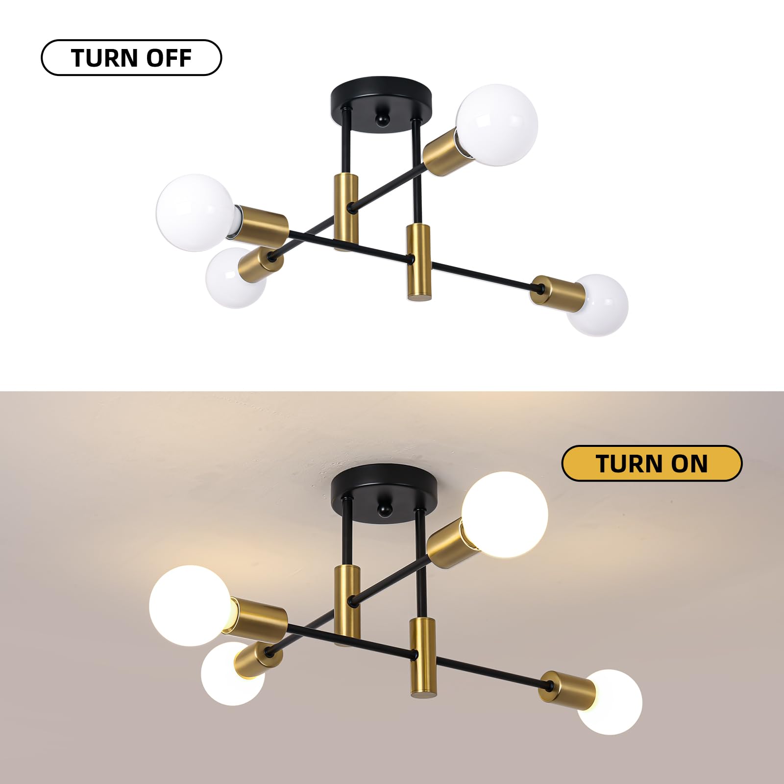 Garwarm Semi Flush Mount Ceiling Light Fixture, 4-Light Gold & Black Sputnik Chandelier for Kitchen, Dining Room, Bedroom - Model TT-OY0109-4BG