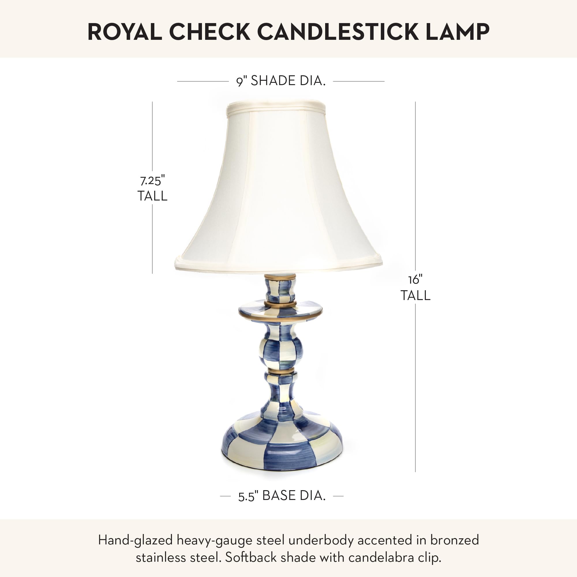 Mackenzie-Childs Candlestick Lamp, Decorative Lamp For Living Room Or Bedroom, Blue-And-White Royal Check