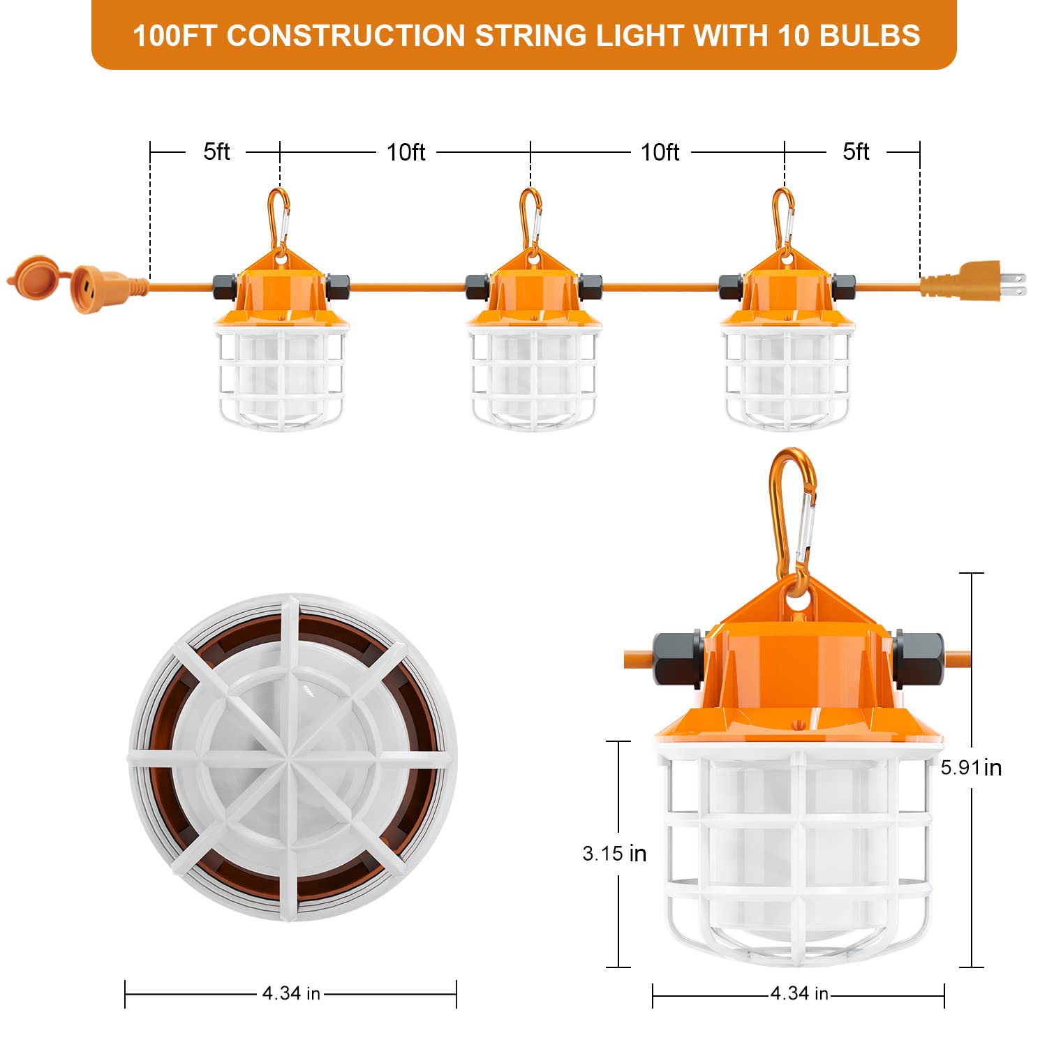 Ns 100Ft Construction String Lights 150W Led Industrial Grade 15000Lm Super Bright For Construction Sites, Temporary Work, Renov