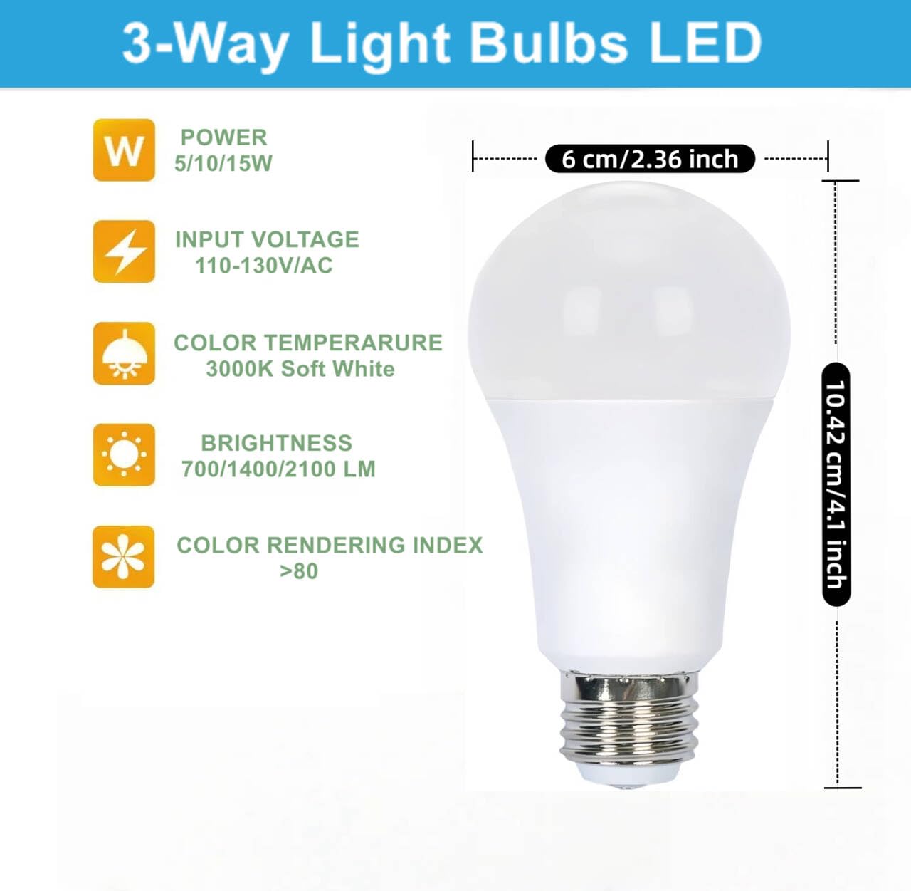 Goduora 6 Pack 3-Way Led Light Bulb 50W/100W/150W Equivalent, 3000K Soft White, 3-Level Dimmable (Low/Medium/High), E26 Base, A1