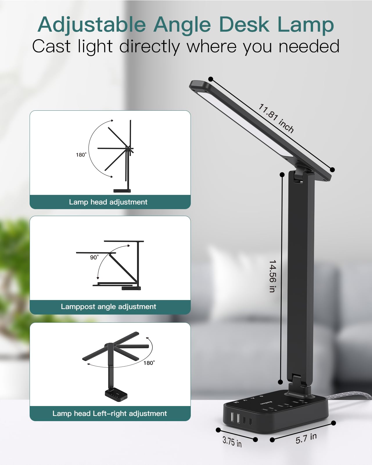 Addtam LED Desk Lamp with Power Strip, 3 Outlets & 4 USB Ports, 5-Level Brightness, Touch Control, Black, Perfect for Home Office & Dorm Room