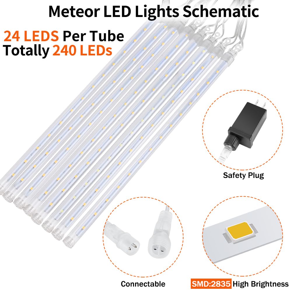 Jjgoo ?2 Pack? Christmas Lights Meteor Shower Rain Lights 12Inch, Totally 20 Tube 480 Leds Icicle Lights Outdoor Raindrop Lights For Xmas Halloween Wedding Party Tree Holiday Decoration, White
