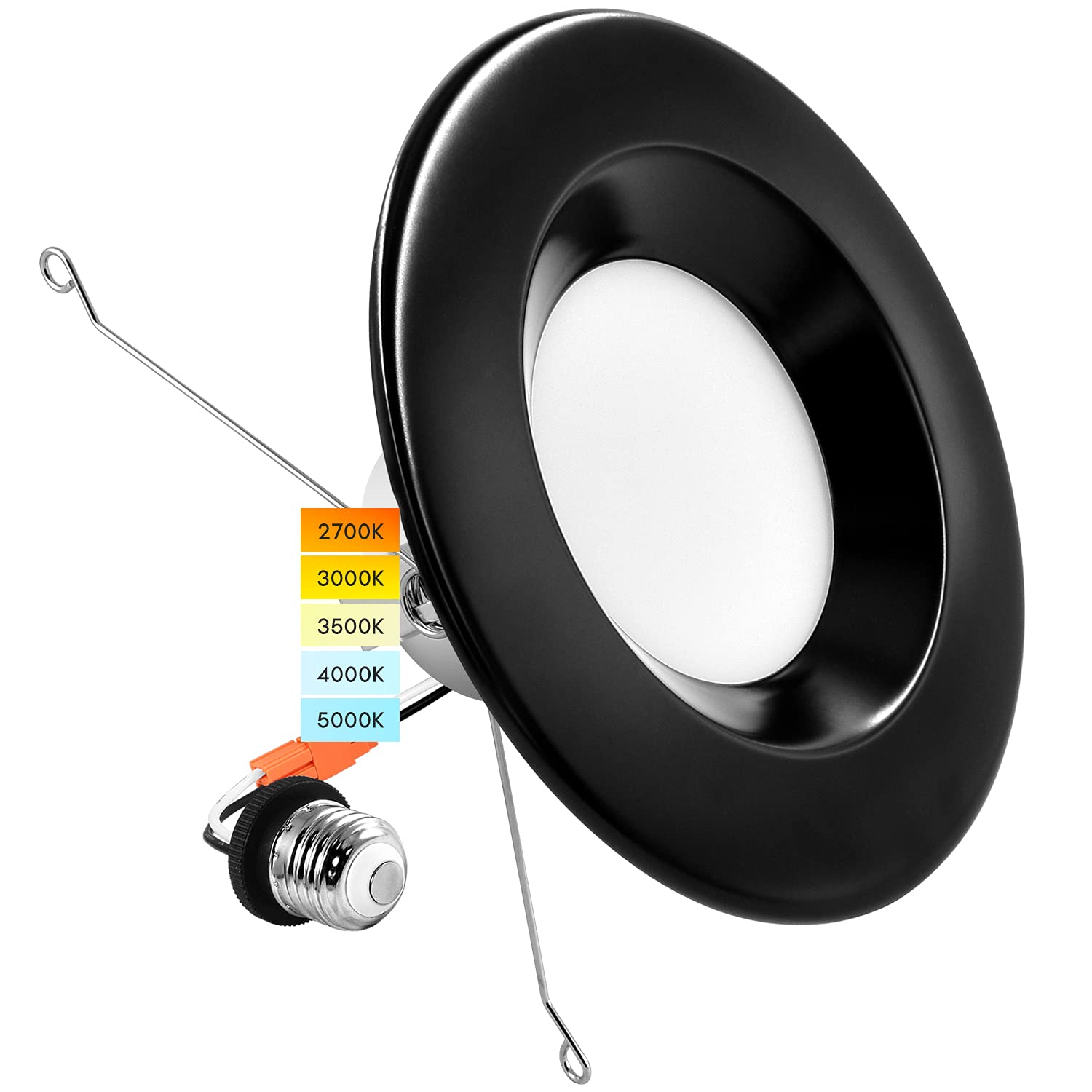 LUXRITE LED Recessed Downlight 14W, Dimmable, 1100 Lumens, CCT Selectable 2700K-5000K, Black Trim, 