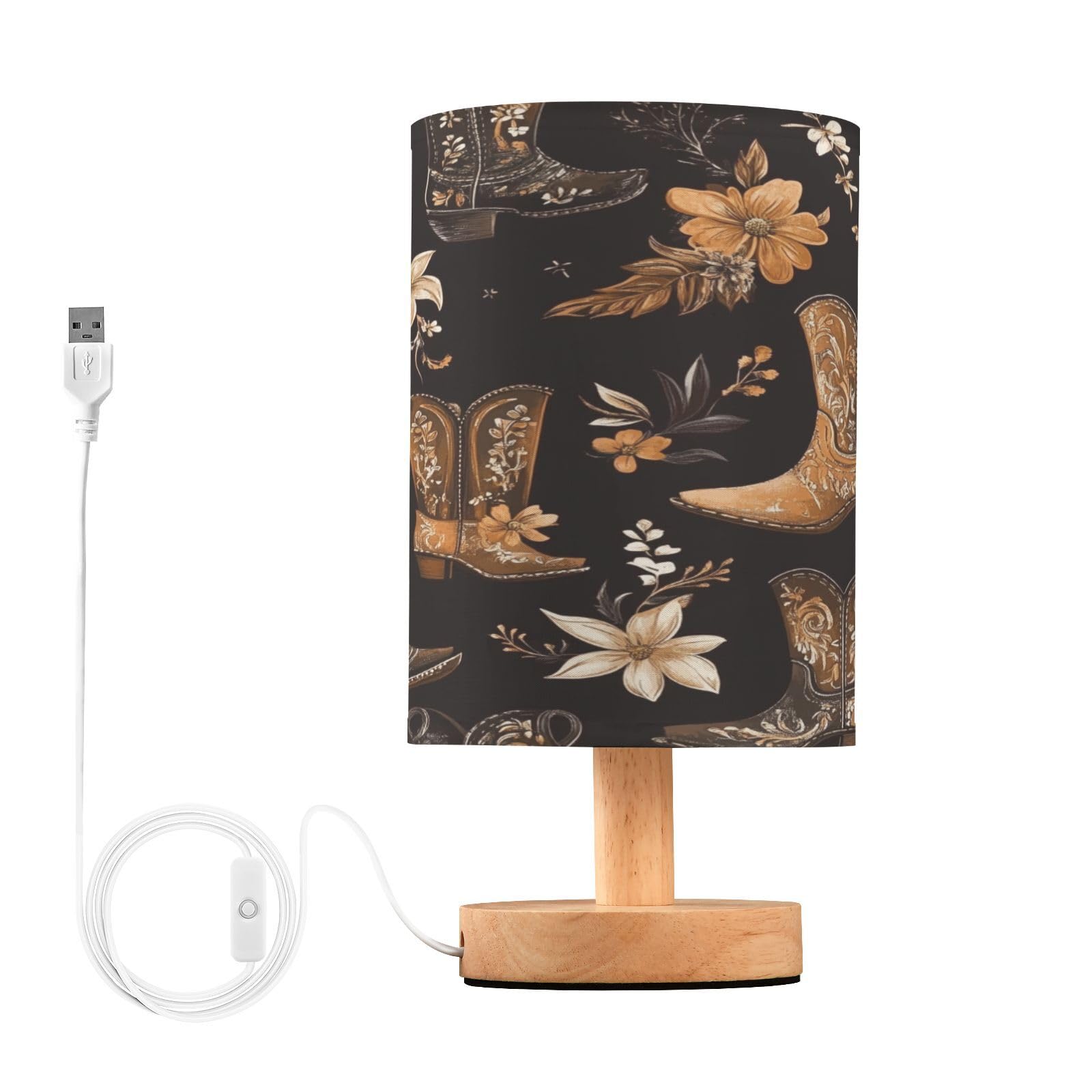 ARGTILDN Western Cowboy Boots Flowers LED Table Lamp for Bedroom Bedside Lamp with USB Charging Ports Decor Nightstand for Livin