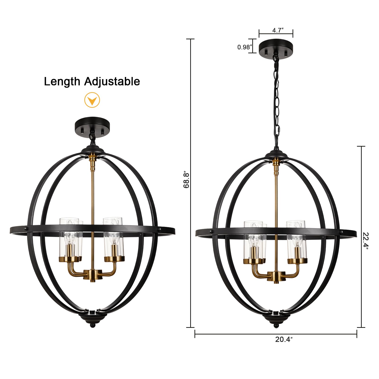 Treekee 20&quot; 4-Light Black And Gold Globe Chandelier Pendant Light For Kitchen & Living Room