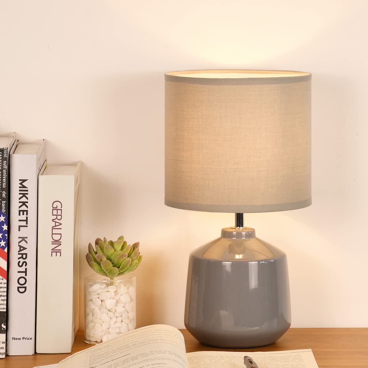 Lampwell Lena Modern Ceramic Bedside Table Lamp, Grey, 7.09H12.99In, Bulb Excluded