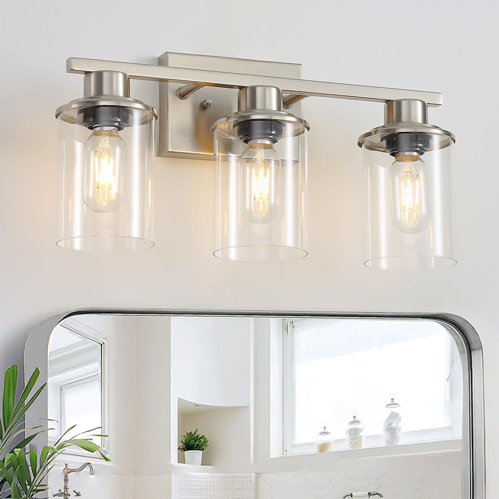 Lousace 3 Light Bathroom Vanity Light, Brushed Nickel Bathroom Light Fixtures, Modern Bathroom Lights Over Mirror With Clear Glass Shade, Wall Vanity Lighting Fixtures For Bathroom Bedroom Living Room