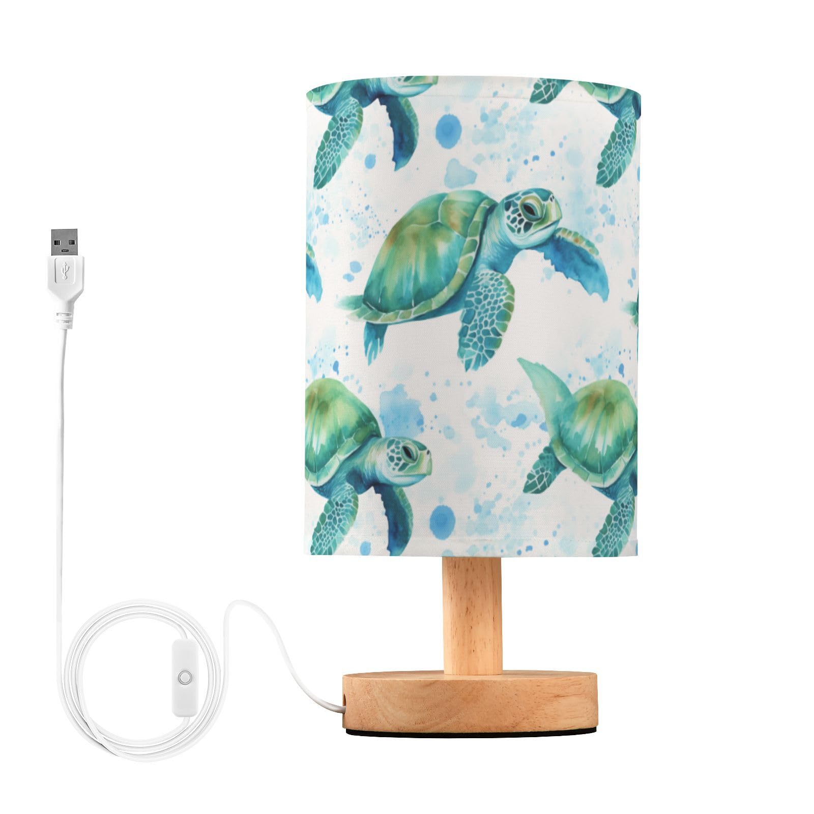 BOENLE Bedside Lamp Sea Turtles Teal Table Lamp for Bedroom LED Nightstand Lamp Shade USB Ports Wood Base for Living Room Dorm O