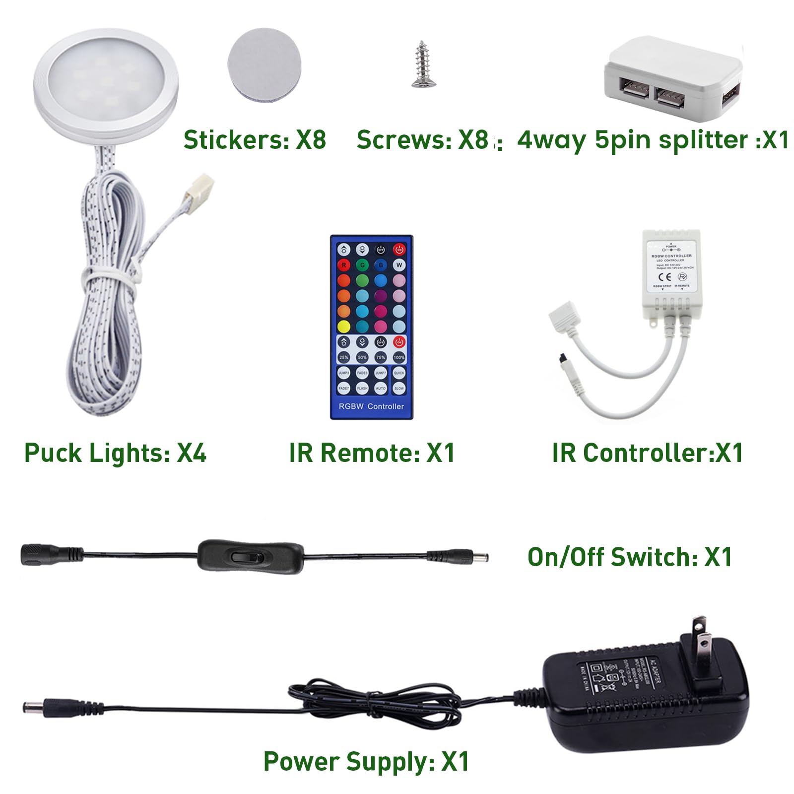 AIBOO RGBW Under Cabinet LED Lights Kit with IR Remote, 4 Puck Lights, 12W for Kitchen Ambiance Lighting